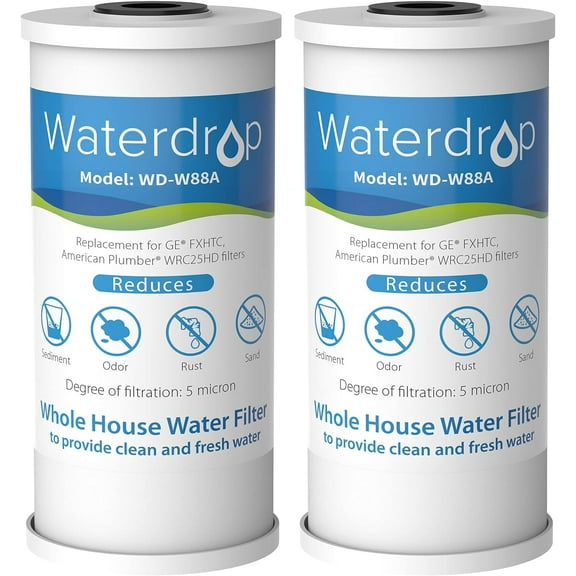 Waterdrop FXHTC Whole House Carbon Water Filter, Replacement for GE FXHTC, GXWH40L, GXWH35F, Culligan RFC-BBSA, American Plumber W10-PR, W10-BC, WRC25HD, 5 Micron, 10" x 4.5" Cartridge, (2)