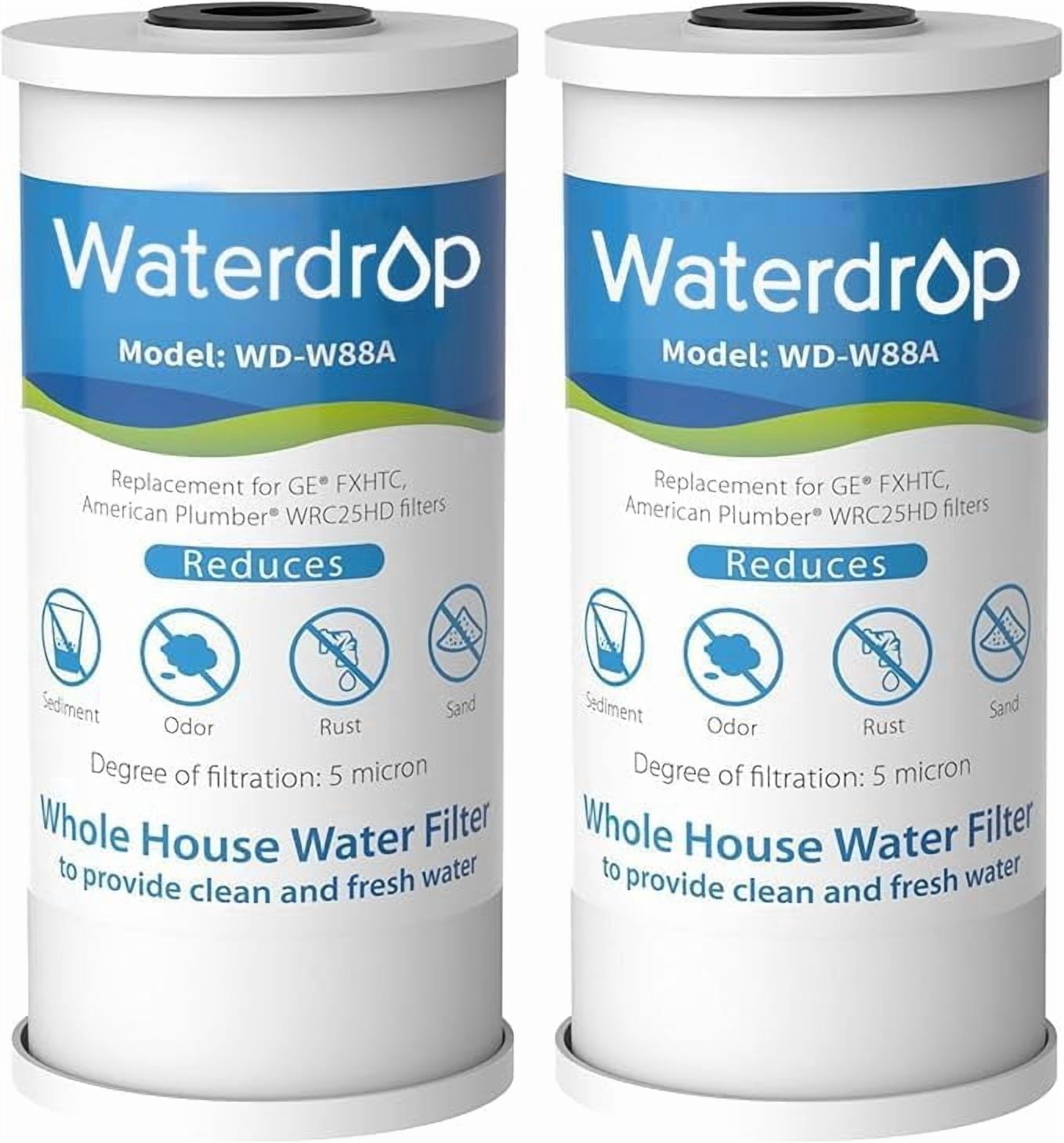 Waterdrop FXHTC Whole House Carbon Water Filter, Replacement for GE® FXHTC, GXWH40L, GXWH35F, Culligan RFC-BBSA, American Plumber W10-PR, W10-BC, WRC25HD, 5 Micron, 10" x 4.5" Cartridge, (2)