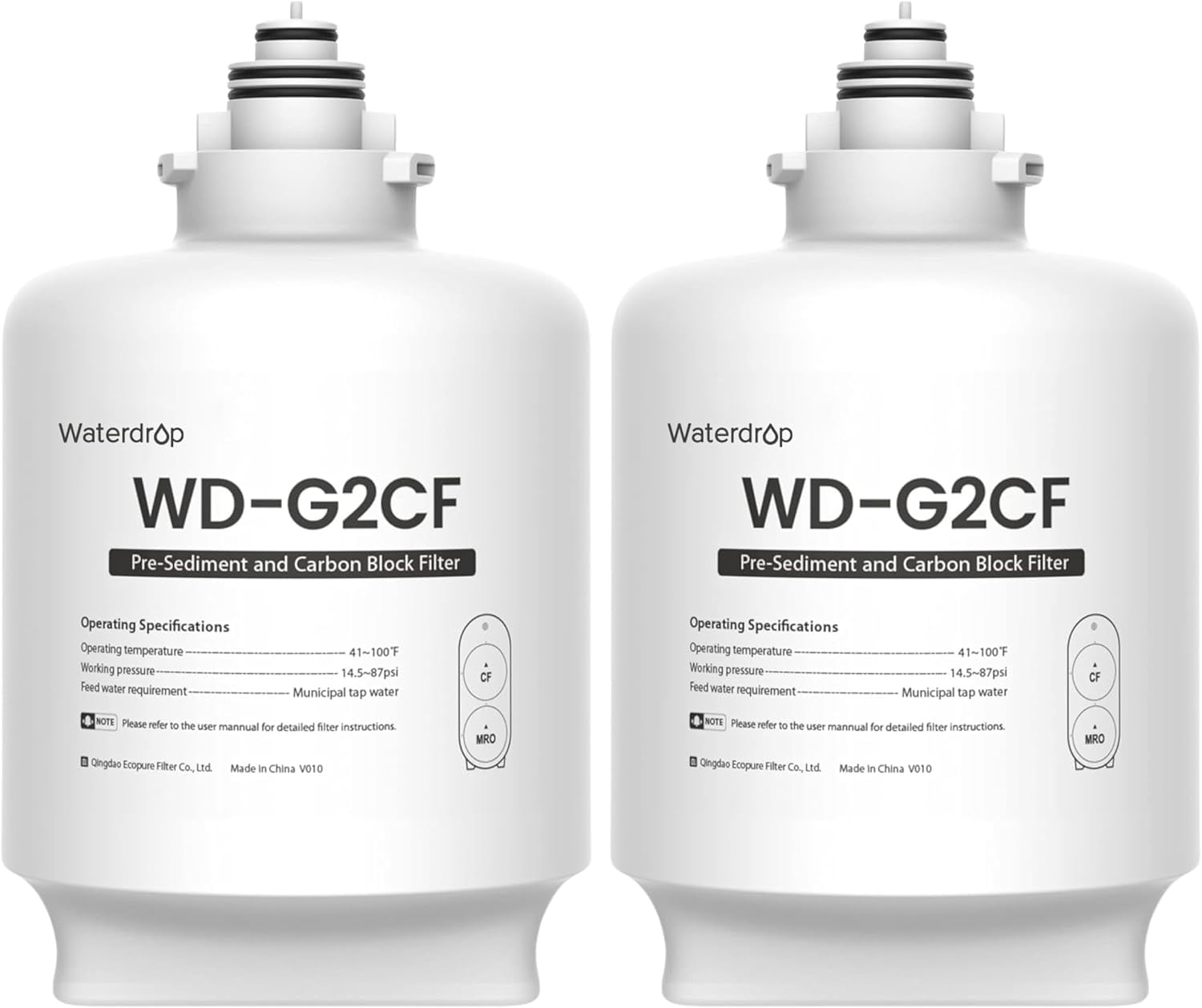 Waterdrop G2-2CF Filter, Replacement for G2 & G2P600 Reverse Osmosis System, 12-Month Lifetime, 2-Pack