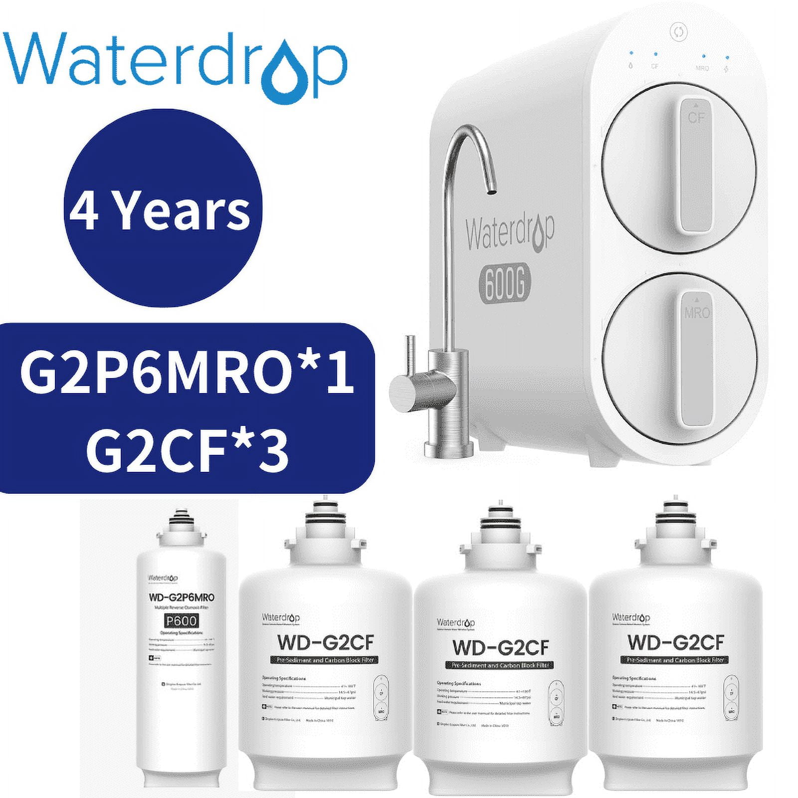 Waterdrop G2P600 Reverse Osmosis System, For 4 Years, 600 GPD Reverse