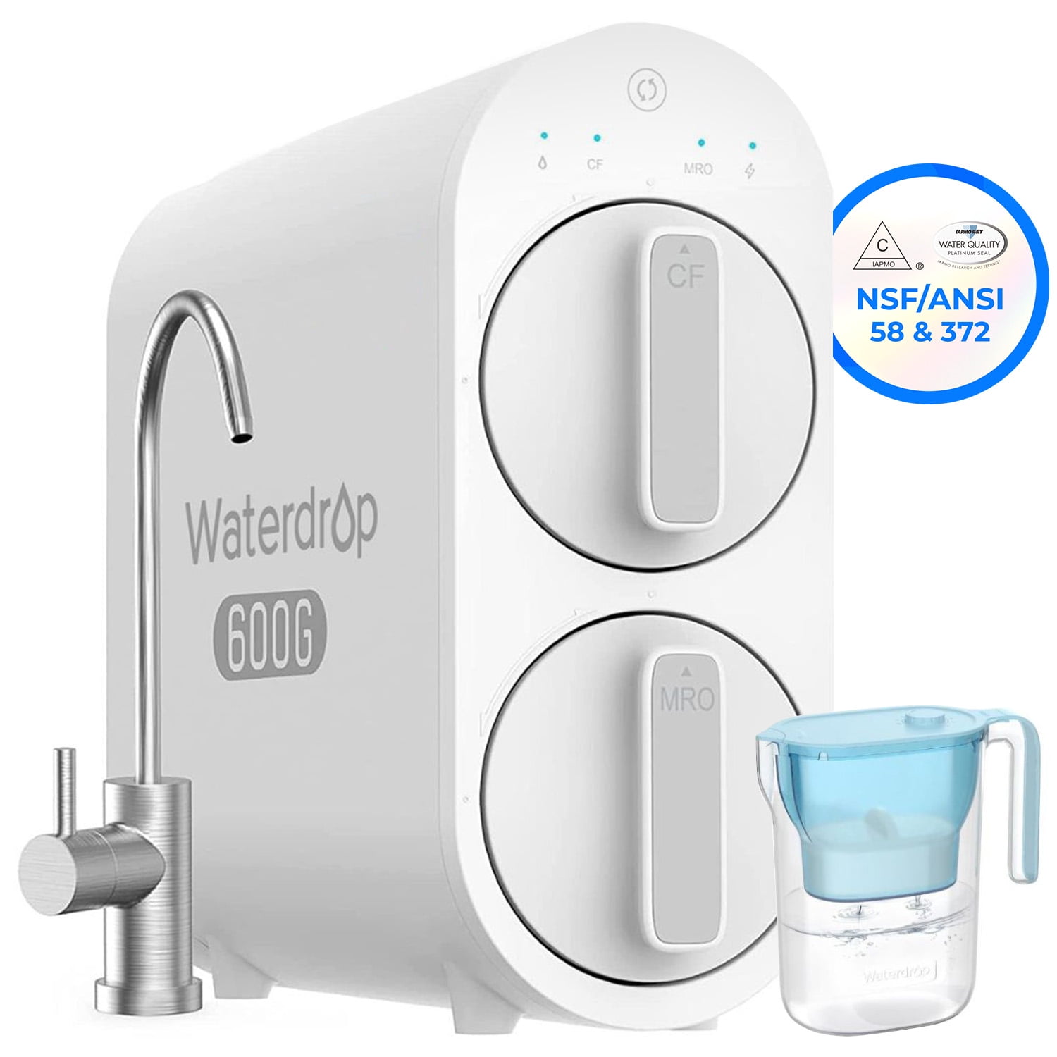 Waterdrop G2P600 Reverse Osmosis System, TDS Reduction, 7 Stage Water Filtration, NSF/ANSI 372 Certified, 600 GPD Tankless RO Water Filter System, Under Sink, 2:1 Pure to Drain with ONE Pitcher