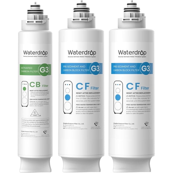 Waterdrop G3 Replacement Filter 1-Year Combo, Pack of 2 WD-G3-CF Filters and 1 WD-G3-CB Filter, Replacement for WD-G3-W, WD-G3P600 and WD-G3P800-W Reverse Osmosis System