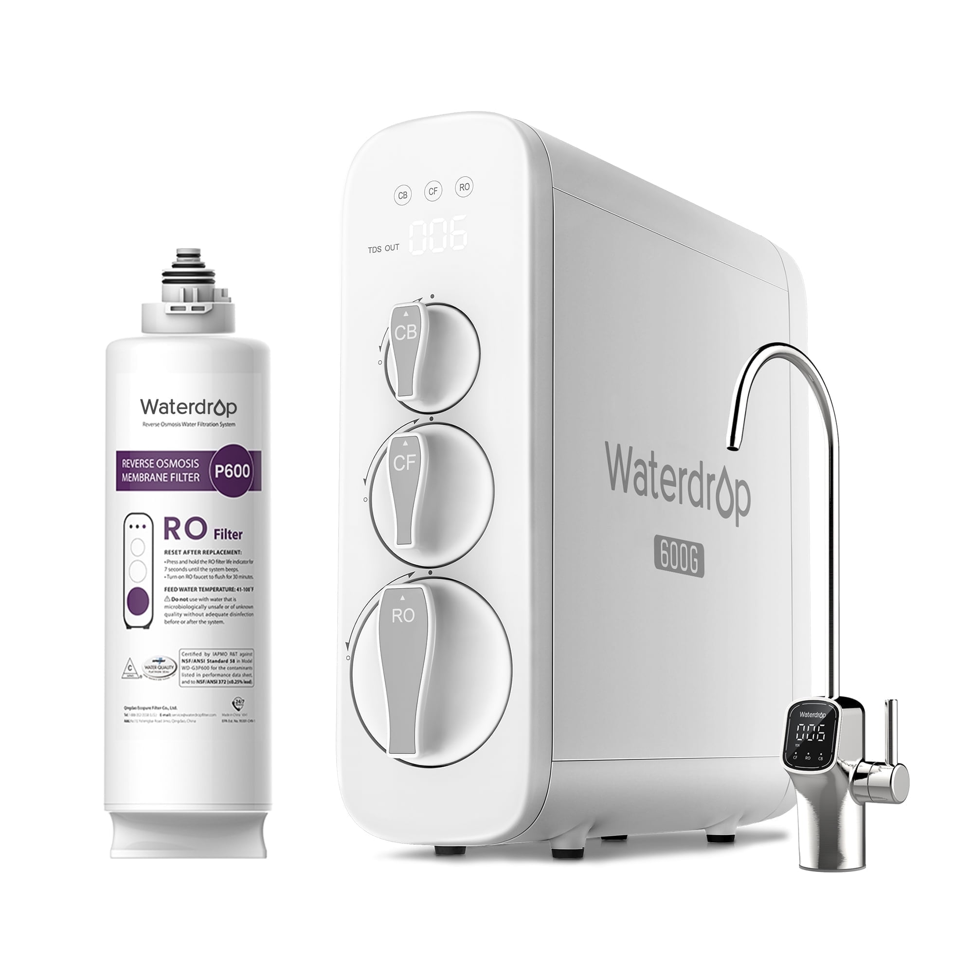 Waterdrop G3P600 Tankless Reverse Osmosis System, 8-Stage Under Sink Water Filter,600GPD,Smart LED Faucet, 2:1 Pure to Drain with WD-G3P600-RO Water Filter