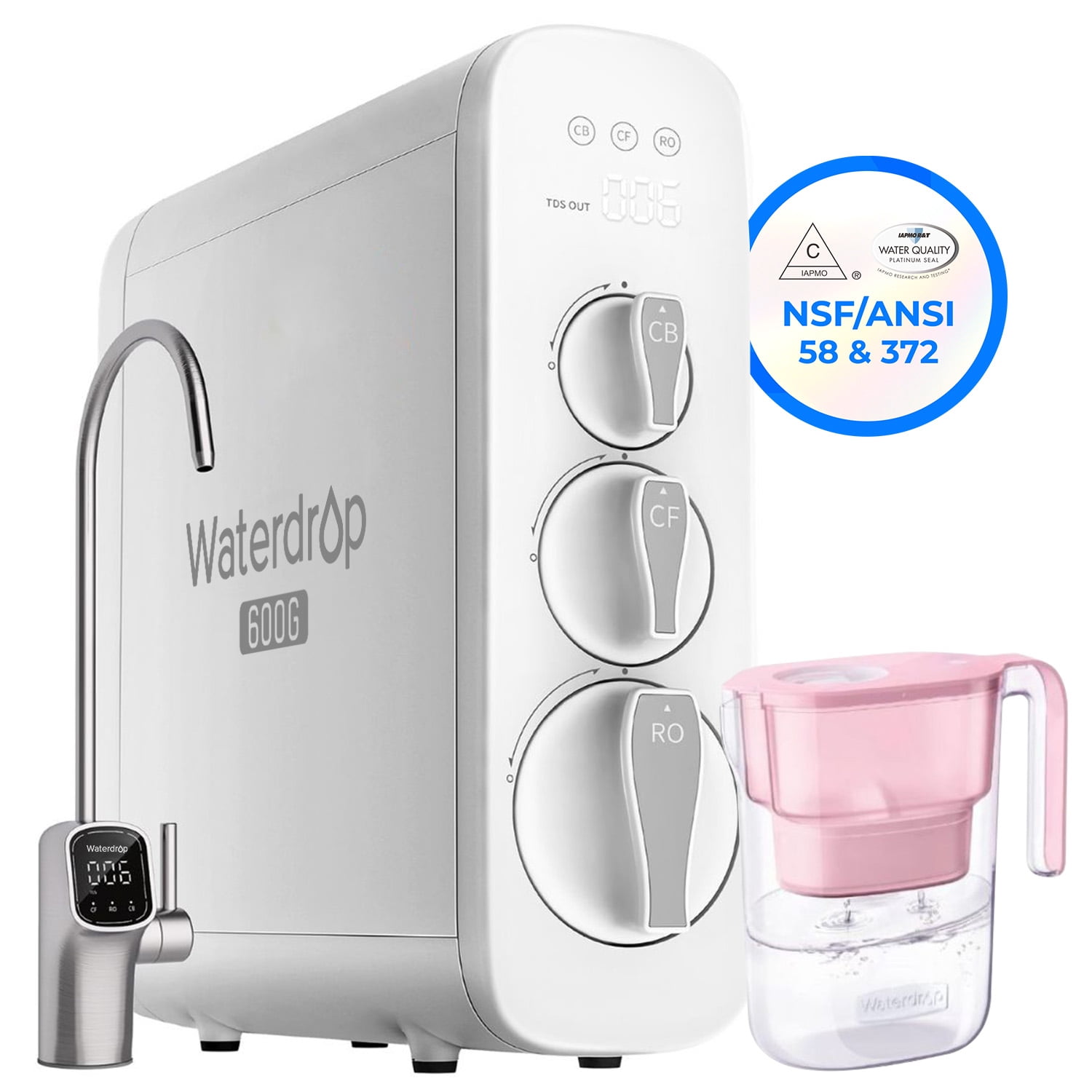 Waterdrop G3 Reverse Osmosis System, 8 Stage Tankless Reverse Osmosis Water Filter, NSF/ANSI Certi1 Pure to Drain, Smart LED Faucet,with Free PT-05P Pichter