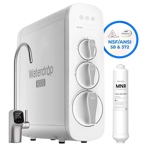 Waterdrop G3P600 Tankless Reverse Osmosis System, 8-Stage Under Sink Water Filter, NSF/ANSI 42, 58 & 372 Certified, Smart LED Faucet, 2:1 Pure to Drain with WD-MNR35 Filter