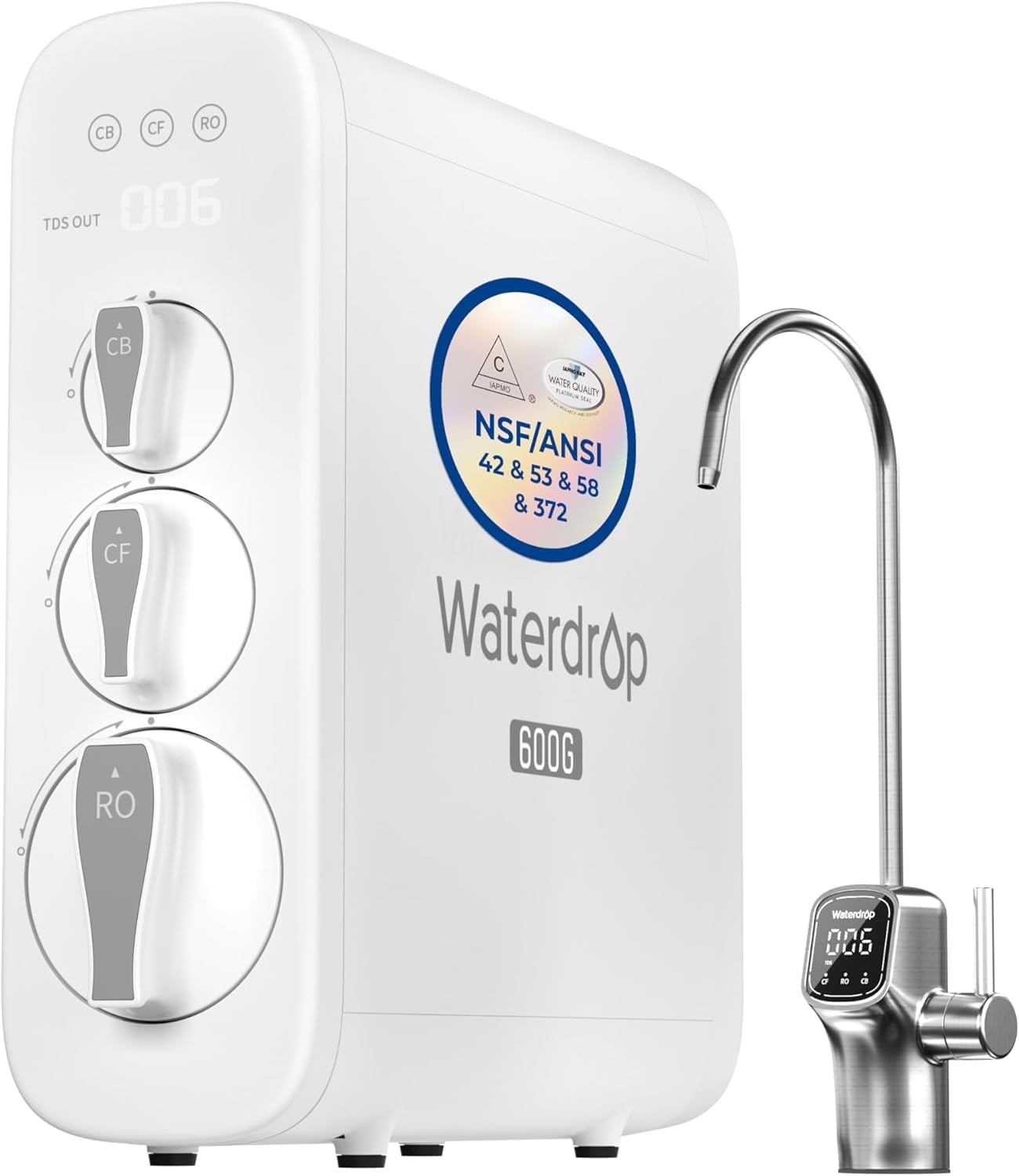Waterdrop G3P600 Reverse Osmosis System, 8 Stage Tankless Reverse Osmosis Water Filter, NSF/ANSI Certified, 2:1 Pure to Drain, Smart LED Faucet