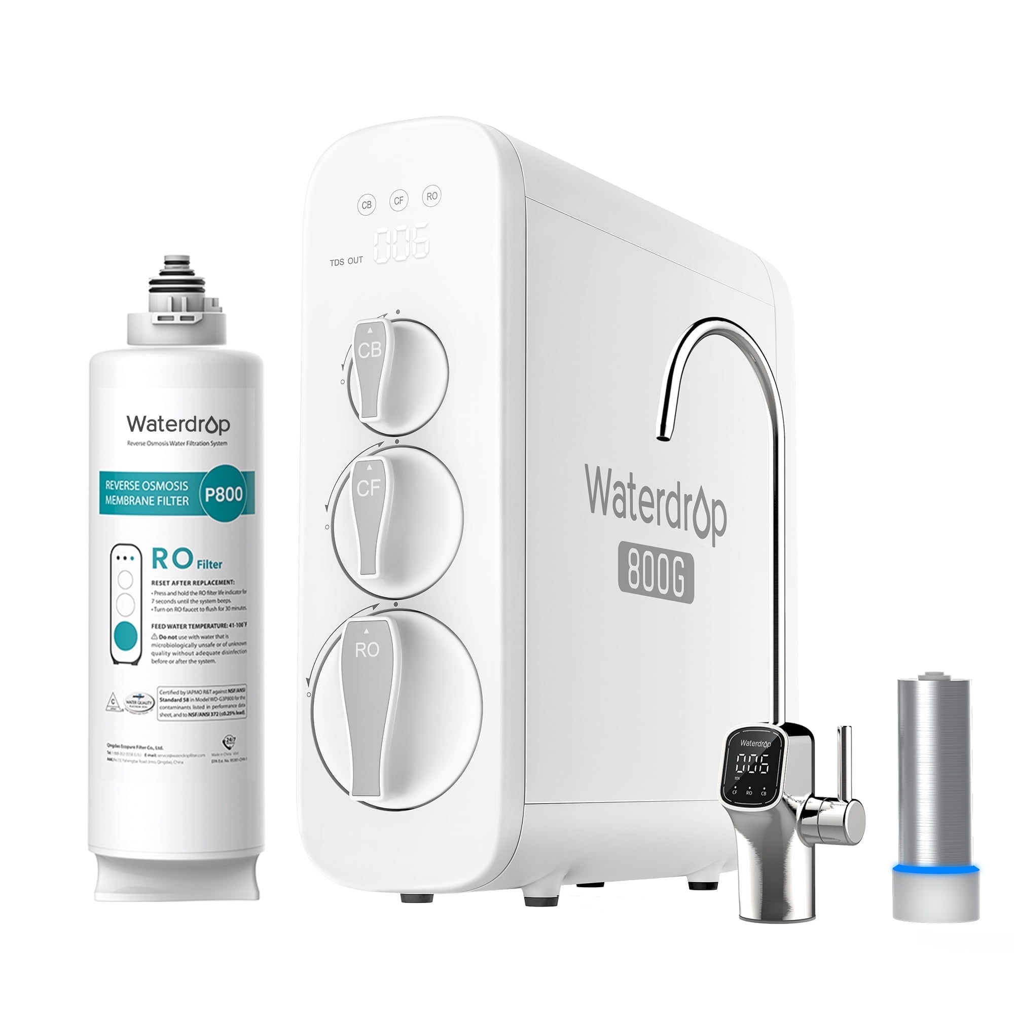 Waterdrop G3P800 Reverse Osmosis System, 800 GPD Fast Flow, 3:1 Pure to Drain, Tankless Under Sink RO Water Filter System, LED Purifier, with WD-G3P800-N2RO Replacement Filter