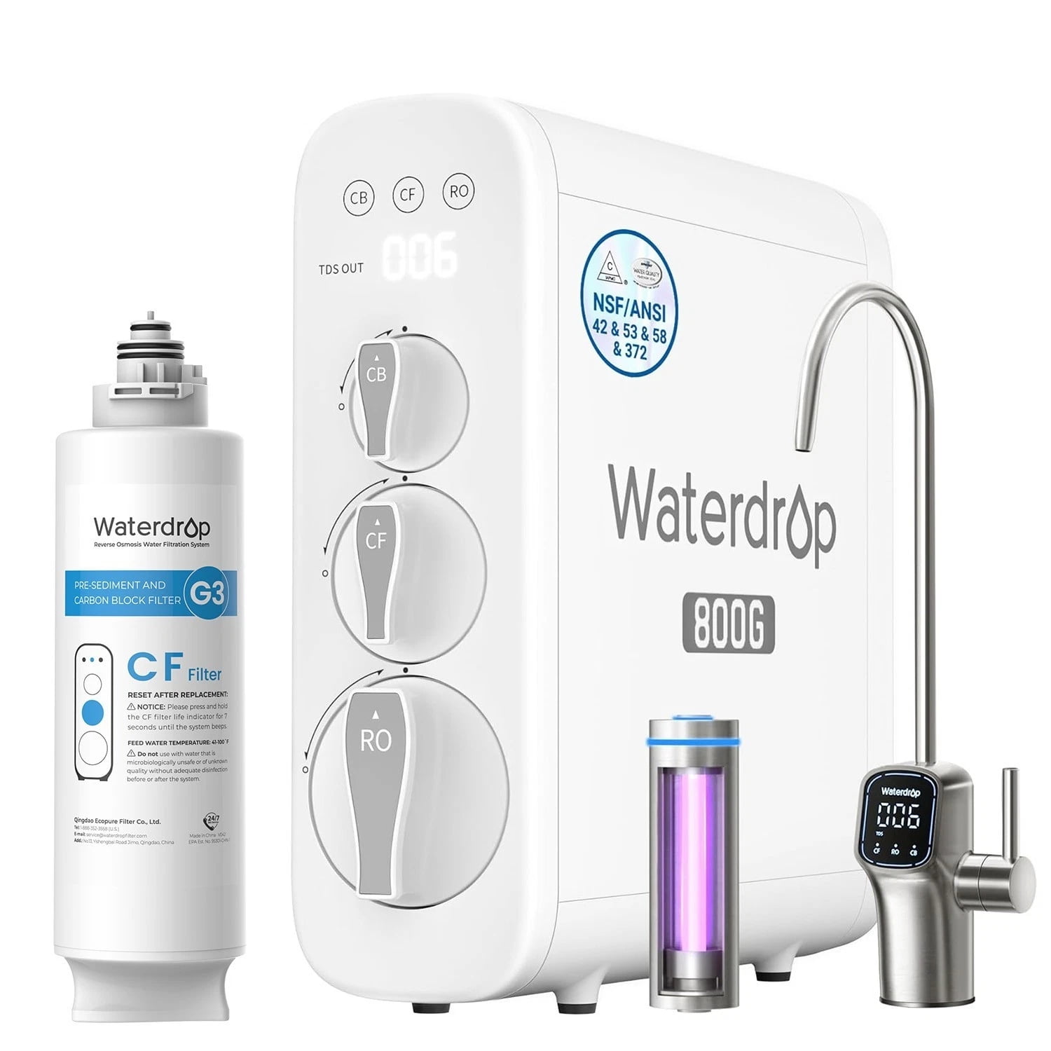 Waterdrop G3P800 Reverse Osmosis System, 800 GPD Fas1 Pure to Drain, Tankless Under Sink RO Water Filter System, LED Purifier,with Extra WD-G3-N1CF