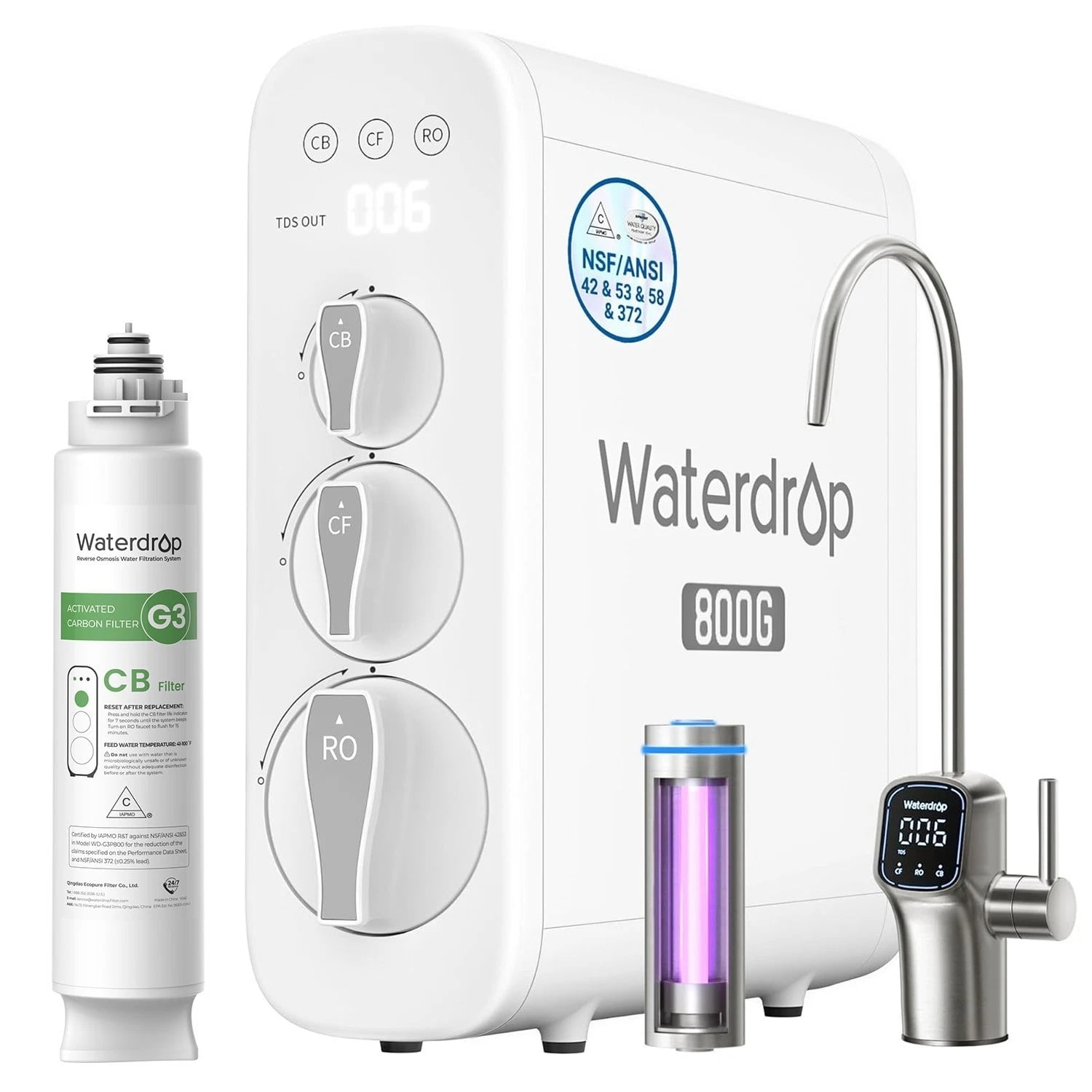 Waterdrop G3P800 Reverse Osmosis System, 800 GPD Fas1 Pure to Drain,Tankless Under Sink RO Water Filter System,Smart Faucet,with free Filter