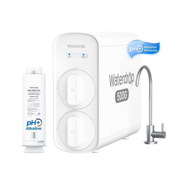 Waterdrop G5P500A Alkaline Mineral pH+ Reverse Osmosis System, 500 GPD Tankless RO Water Filter, 8 Stage Filtration, NSF/ANSI 372 Certified, 2:1 Pure to Drain, Reduces TDS and BPA, with Extra Filter
