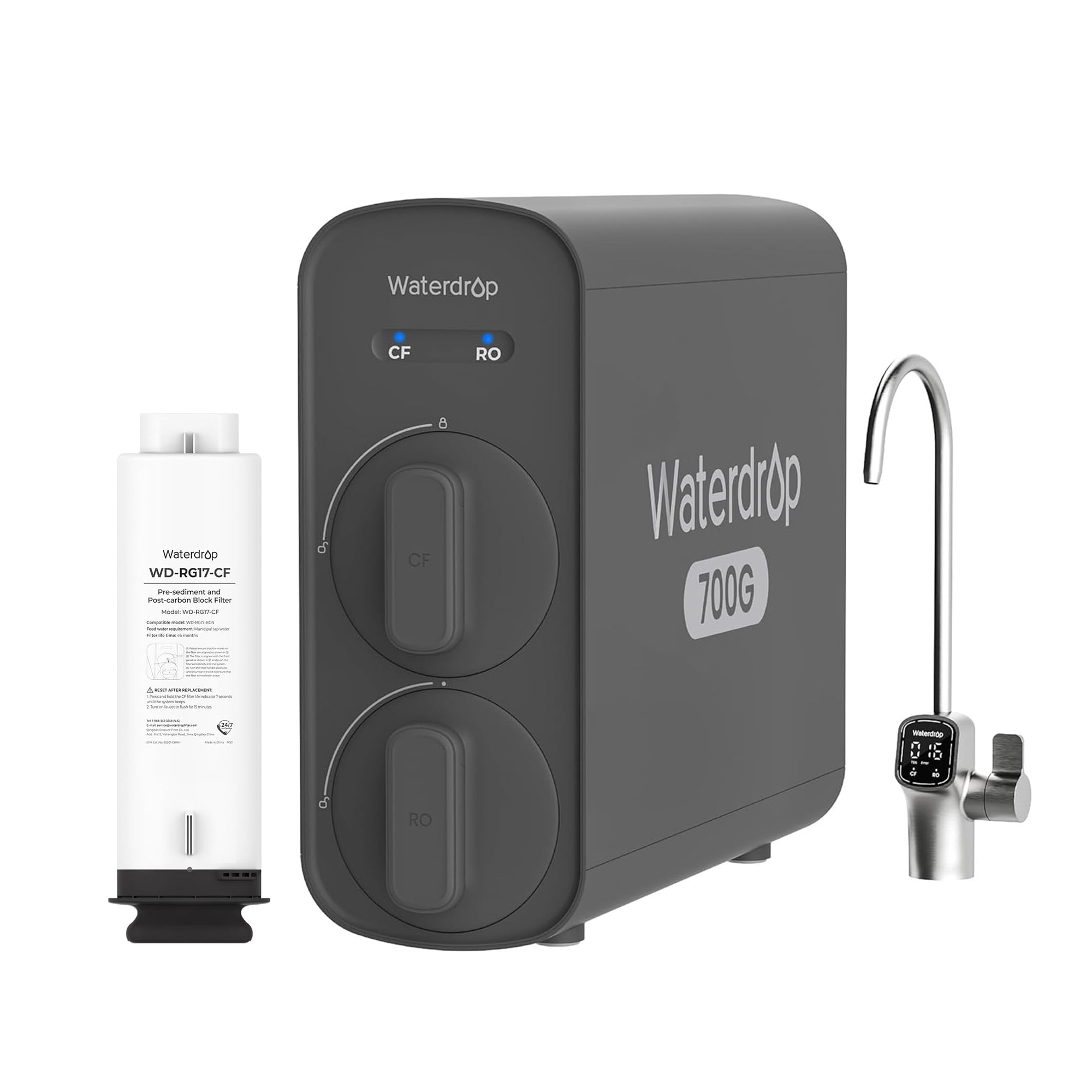 Waterdrop G5P700 Reverse Osmosis System, 700GPD Fast Flow RO Water Filter, 7 Stage Filtration, NSF/ANSI 372 Certified, 2:1 Pure to Drain, Smart LED Faucet, BPA Free,with Extra Filter