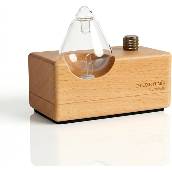 Waterdrop Glass Essential Oil Diffuser with Handmade Wood Base for Aromatherapy, Waterless Scent Yoga Home Office, Portable & Cordless Nebulizer LED Timer, Gift of Fragrance