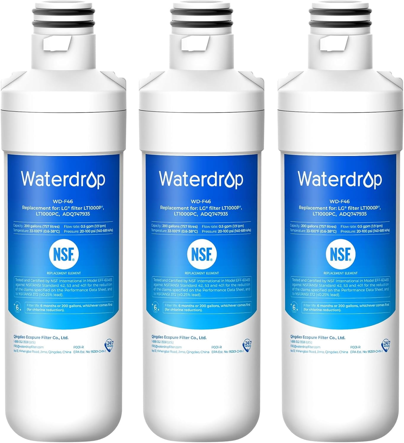 Waterdrop Refrigerator Water Filter, Replacement for LG® LT1000P®, LT1000PC, ADQ74793501, ADQ74793502, Kenmore 46-9980, 9980, LFXC24796S, LSFXC2496D, NSF Certified, 3 Packs