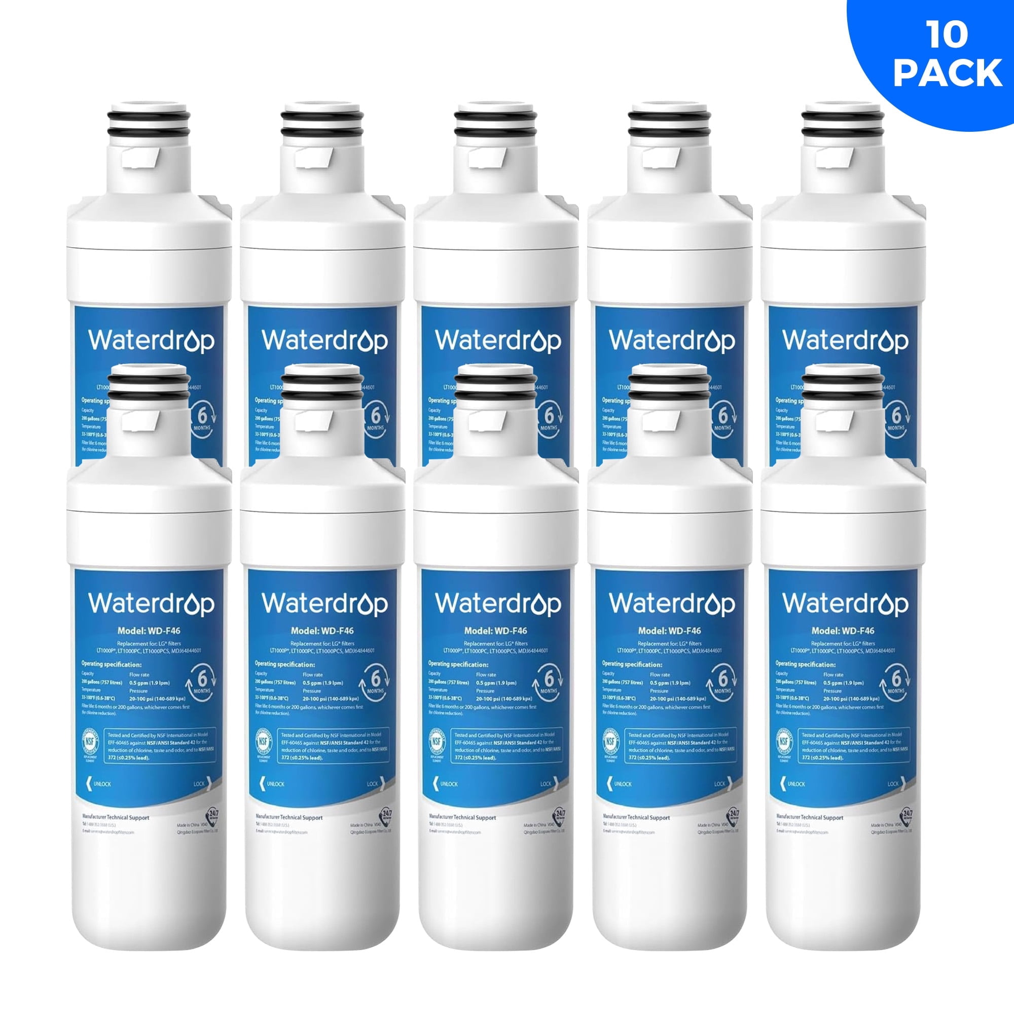 Waterdrop LT1000PC ADQ747935 MDJ64844601 Refrigerator Water Filter, Reduce chlorine, bad taste and odor, Replacement for LG® LT1000P®, ADQ74793501, ADQ74793502, Kenmore 46-9980, Pack of 10