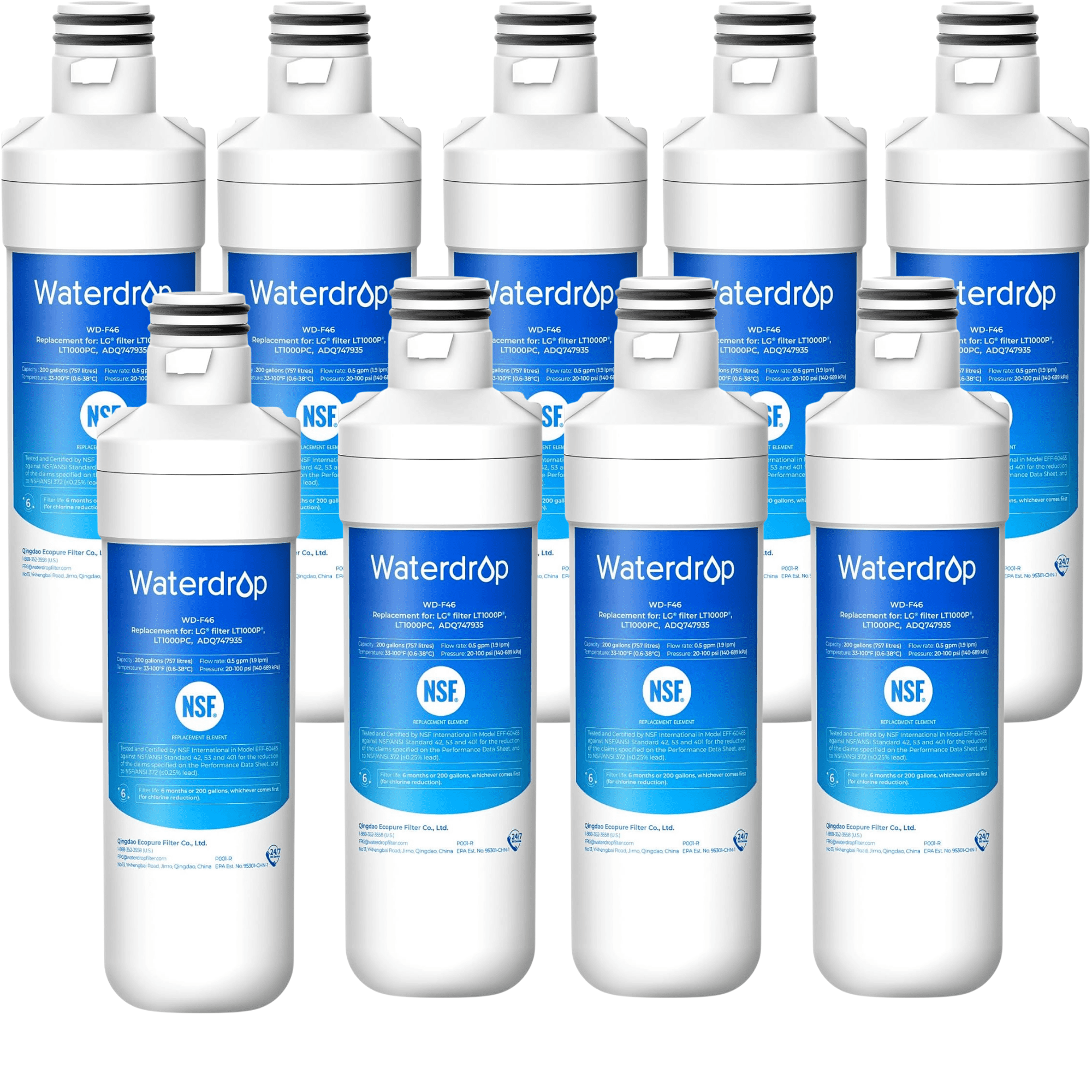 Waterdrop LT1000PC ADQ747935 MDJ64844601 Refrigerator Water Filter, Reduce chlorine, bad taste and odor, Replacement for LG® LT1000P®, ADQ74793501, ADQ74793502, Kenmore 46-9980, Pack of 9