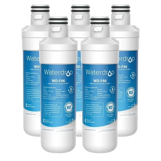Waterdrop LT1000PC ADQ747935 MDJ64844601 Refrigerator Water Filter, Replacement for LG LT1000P, ADQ74793501, ADQ74793502, Kenmore 46-9980, 9980, LFXC24796S, LSFXC2496D, NSF Certified, Pack of 5
