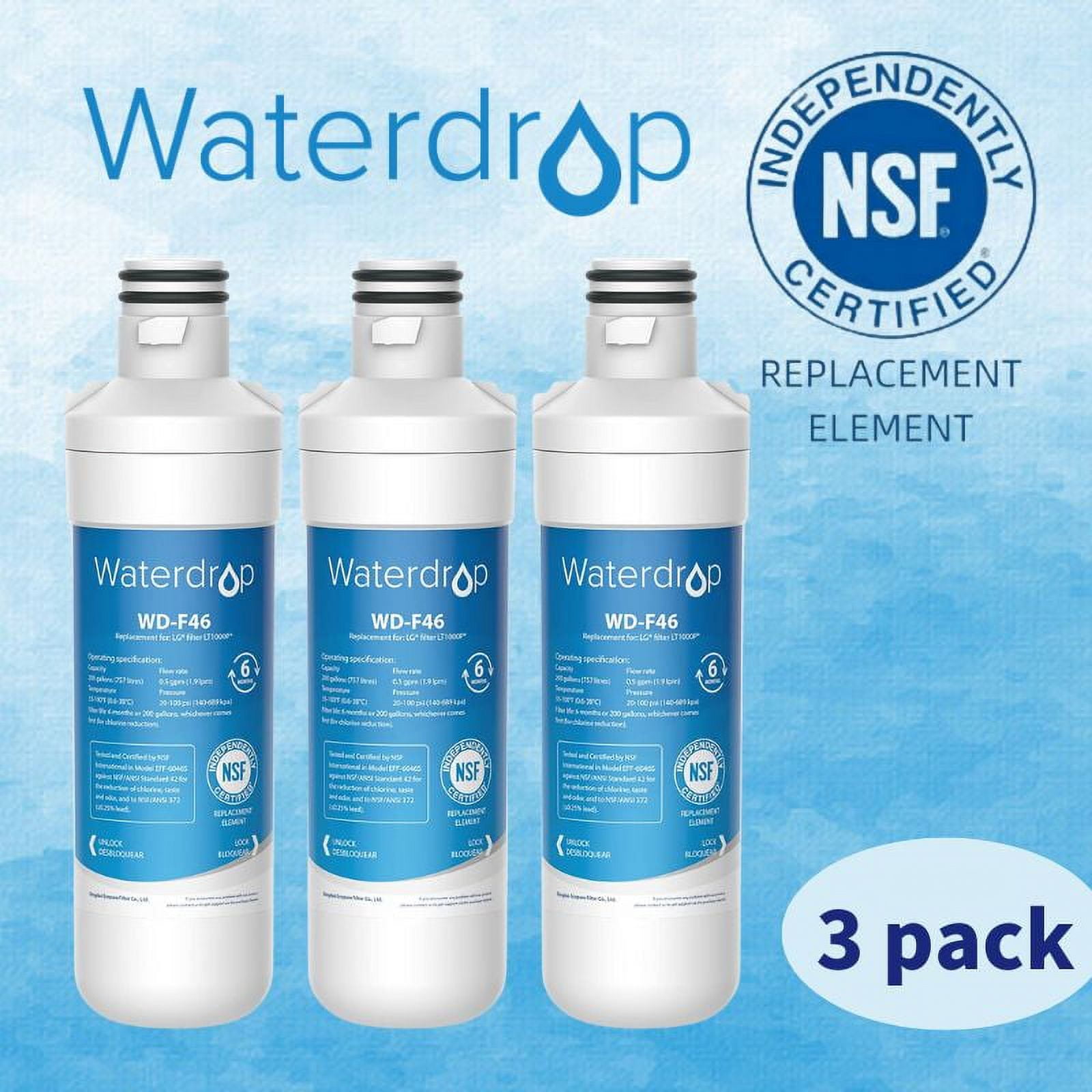 Waterdrop LT1000PC ADQ747935 MDJ64844601 Refrigerator Water Filter, Replacement for LG® LT1000P®, ADQ74793501, ADQ74793502, Kenmore 46-9980, 9980, LFXC24796S, LSFXC2496D, NSF Certified, Pack of 3