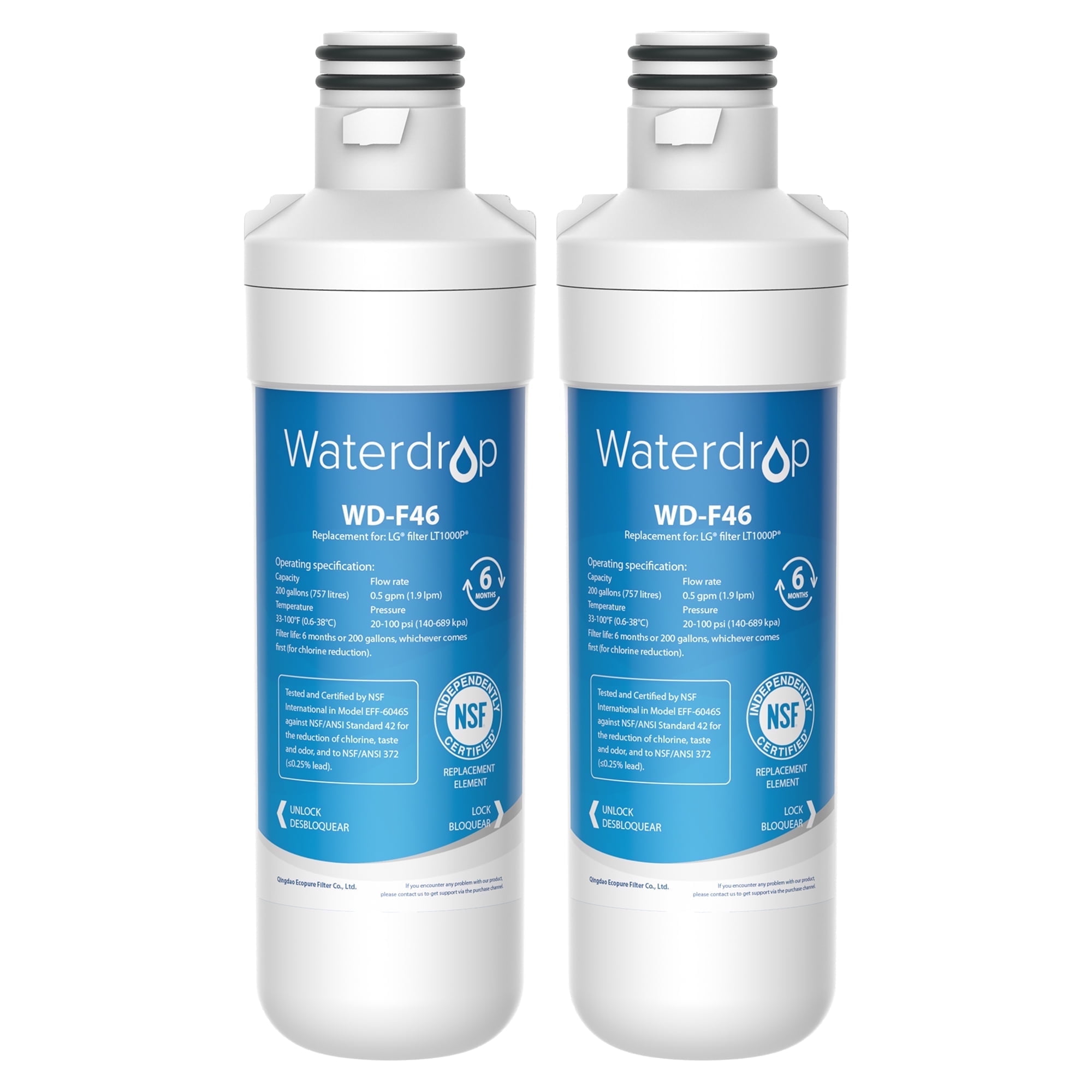Waterdrop LT1000PC ADQ747935 MDJ64844601 Refrigerator Water Filter, Replacement for LG LT1000P, ADQ74793501, ADQ74793502, Kenmore 46-9980, 9980, LFXC24796S, LSFXC2496D, NSF Certified, Pack of 2