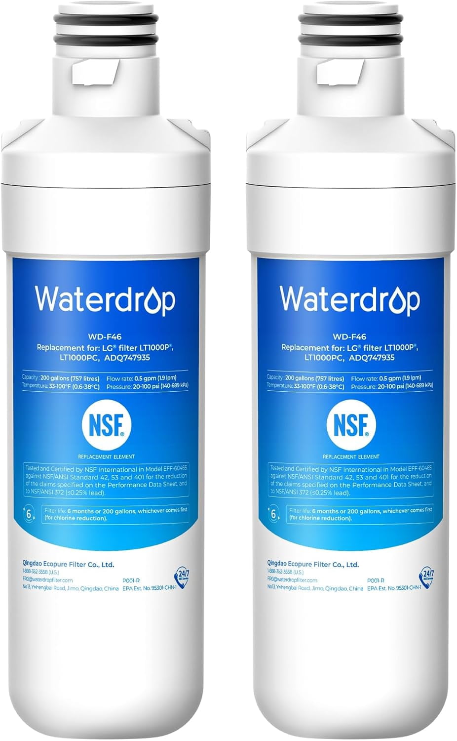 Waterdrop LT1000PC ADQ747935 Refrigerator Water Filter and Air Filter, Replacement for LG® LT1000P®, LMXS28626S, LFXS26973S, LFXS26596S, LFXS28596S, ADQ74793501, ADQ74793502 and LT120F®, 2 Combo
