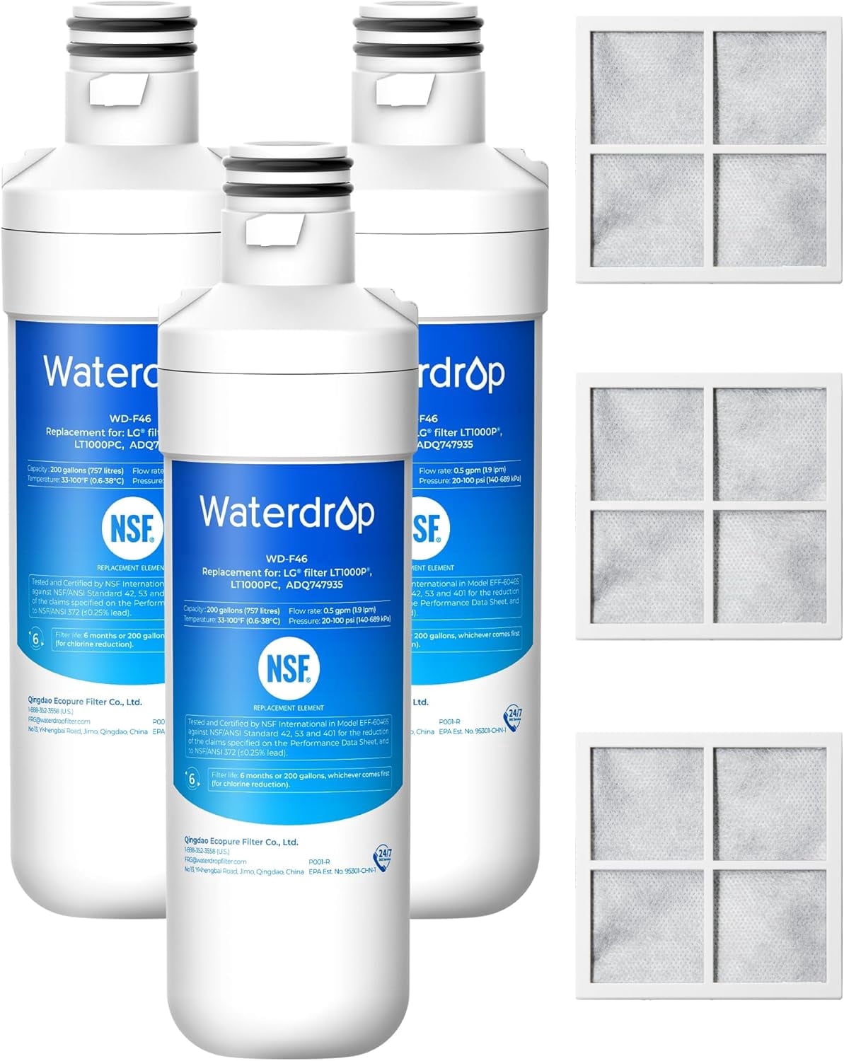 Waterdrop LT1000PC ADQ747935 Refrigerator Water Filter and Air Filter, Replacement for LG® LT1000P®, LMXS28626S, LFXS26973S, LFXS26596S, LFXS28596S, ADQ74793501, ADQ74793502 and LT120F®, 3 Combo