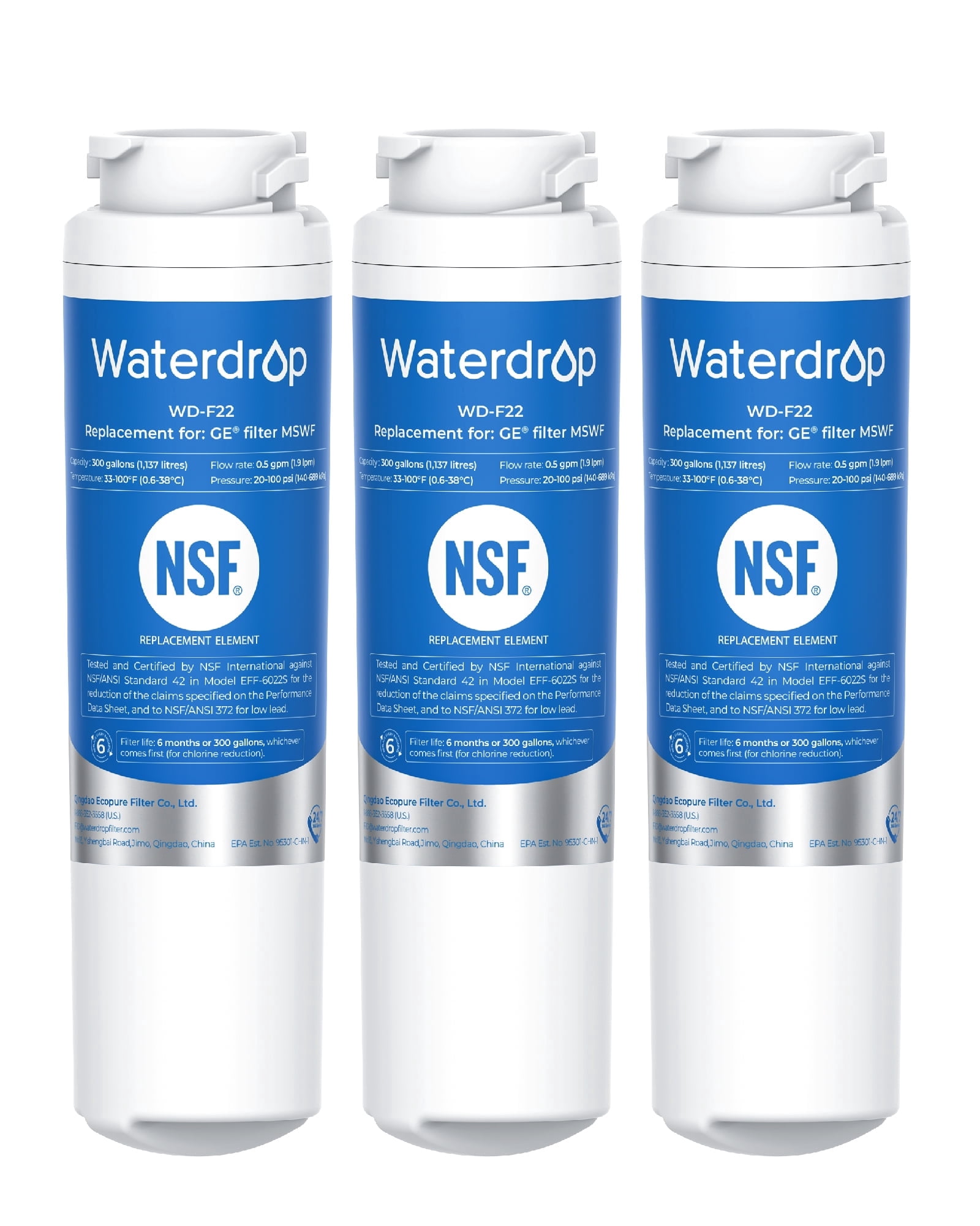 Waterdrop MSWF Refrigerator Water Filter, Replacement for GE® MSWF, 101820A, 101821B, RWF1500A, NSF 42&372 Certified, Pack of 3 (Package May Vary)