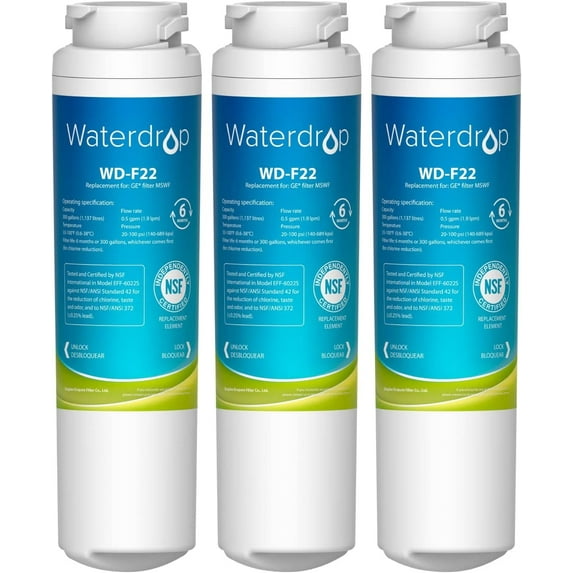 Waterdrop MSWF Refrigerator Water Filter, NSF 42 Certified to Reduce 99% Lead, replacement filter for GE MSWF, 101820A, 101821B, 101821-B, Advanced , Pack of 3(package may vary)