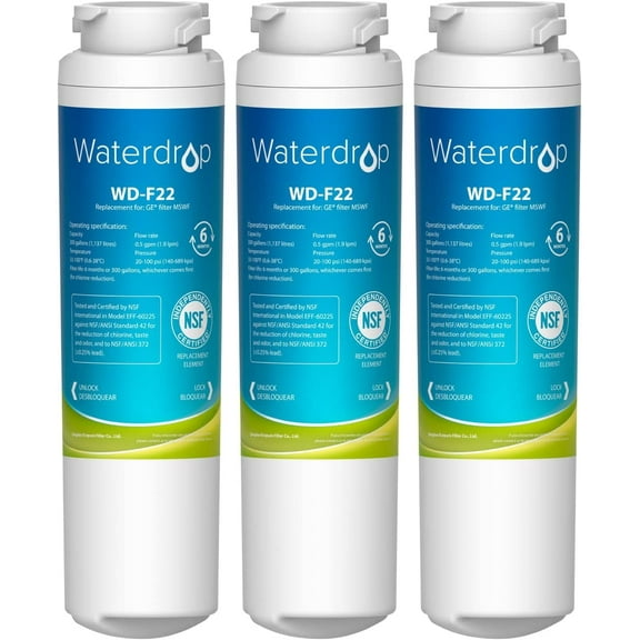 Waterdrop MSWF Refrigerator Water Filter, NSF 42 Certified to Reduce 99% Lead, replacement filter for GE MSWF, 101820A, 101821B, 101821-B, Advanced , Pack of 3(package may vary)