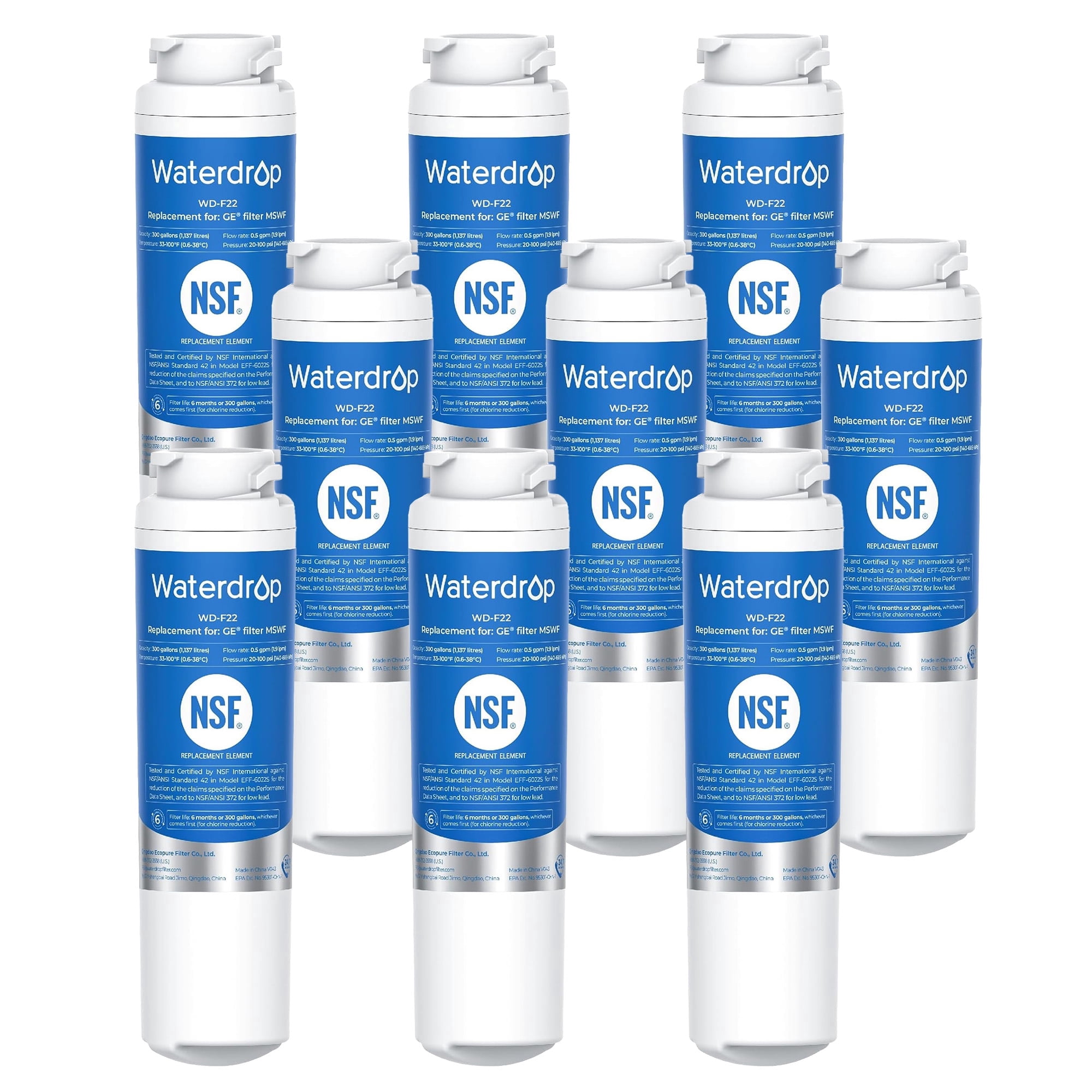 Waterdrop MSWF Refrigerator Water Filter, Replacement for GE® MSWF, 101820A, 101821B, RWF1500A, NSF 42&372 Certified, Pack of 9 (Package May Vary)