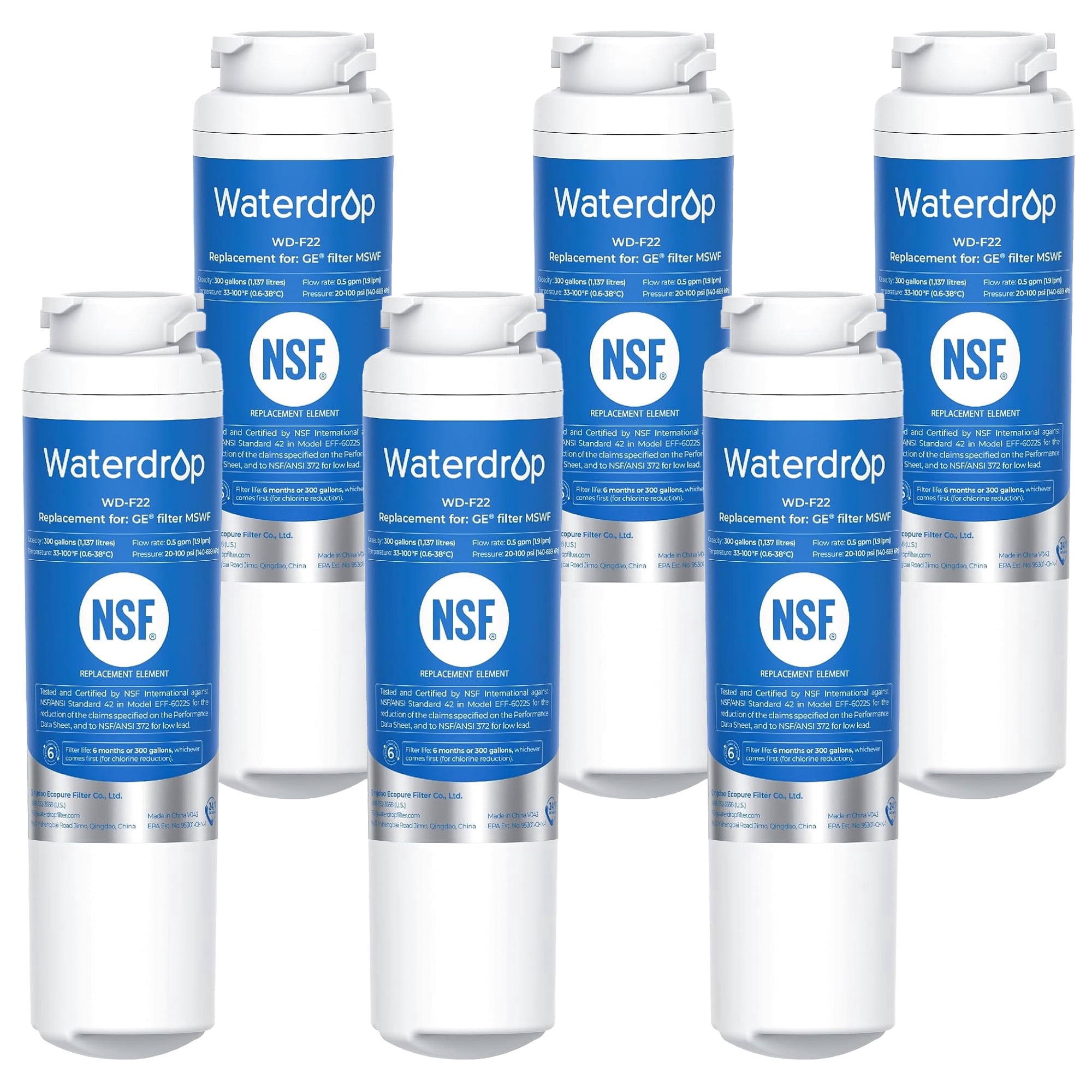Waterdrop MSWF Refrigerator Water Filter, Replacement for GE® MSWF, 101820A, 101821B, RWF1500A, NSF 42&372 Certified, Pack of 6 (Package May Vary)
