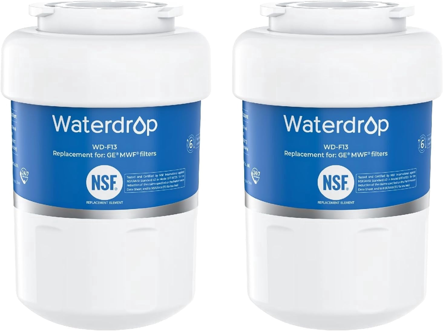 Waterdrop WD-F13 Replacement for GE® MWF®, SmartWater® MWFP, MWFINT, MWFA, GWF, HDX FMG-1, Kenmore® 9991, GSE25GSHECSS, WFC1201 Water Filter, 2 Pack