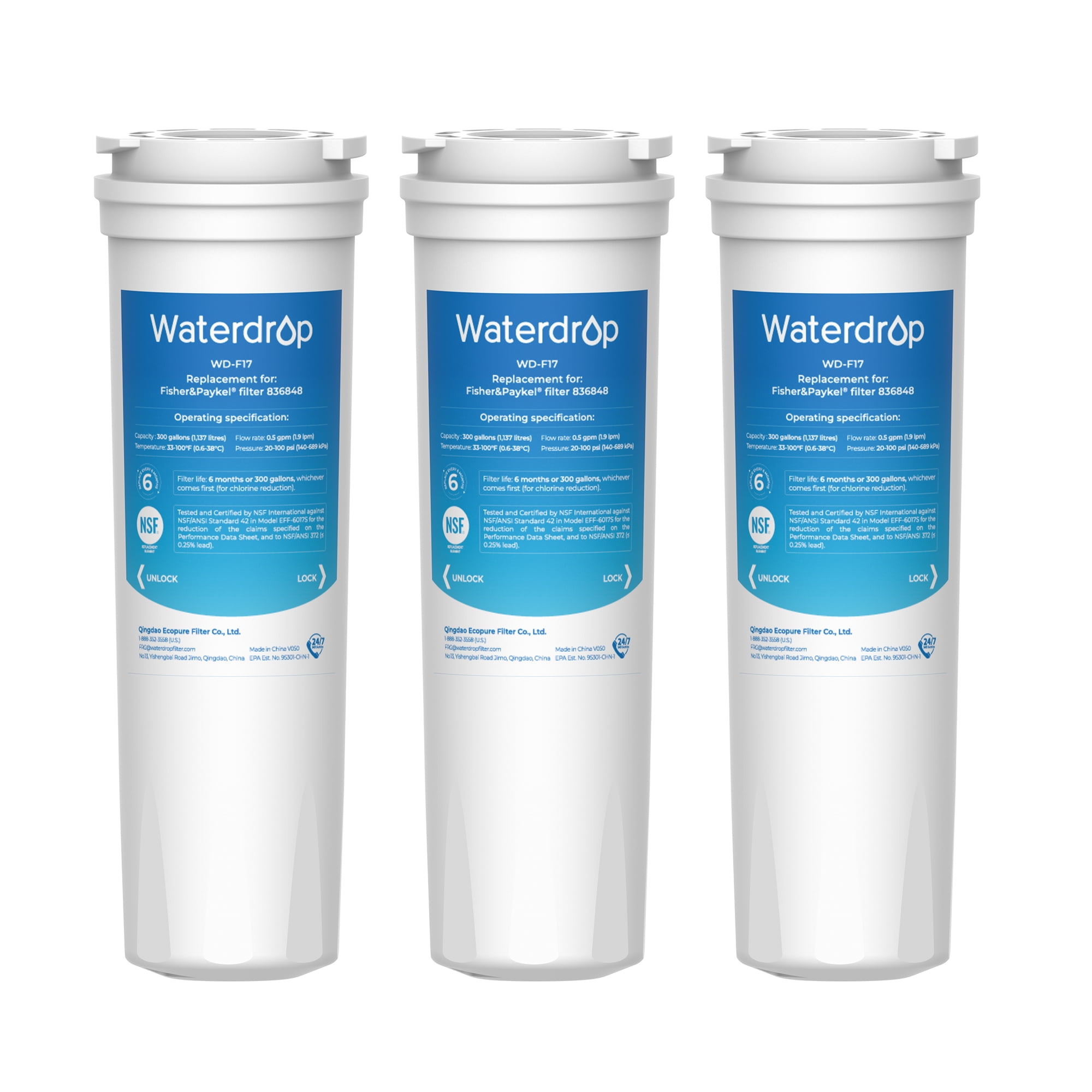 Waterdrop NSF 42 Certified 836848 Refrigerator Water Filter Compatible with Fisher & Paykel 836848 3 Pack