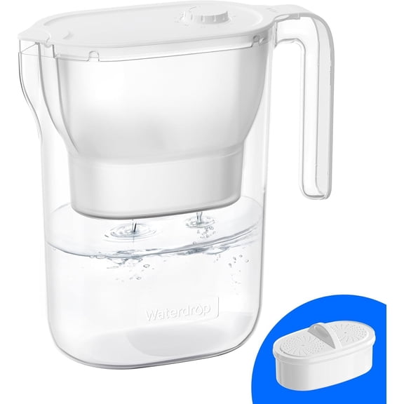 Waterdrop PT-05W-L Water Filter Pitcher, 7-Cup, NSF Certified, 200-Gallon Long-Life Filter Purifier, Reduces Chlorine and PFOA/PFOS, for Countertop, Replaces 6,400 Plastic Water Bottles a Year, White
