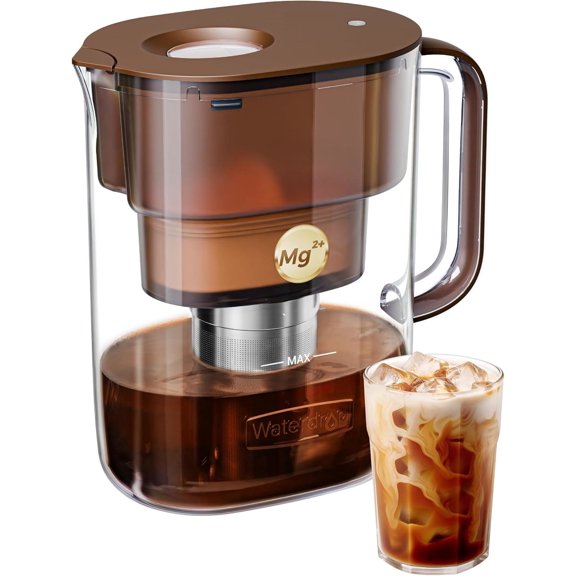 Waterdrop PT-10 Cold Brew Coffee Maker with 1 Magnesium Water Filter for Well-Balanced Acidity, Unlocks Aroma, BPA-Free Cold Brew Pitcher, Stainless Steel Filter for Iced Coffee, Tea, Lemonade, Brown