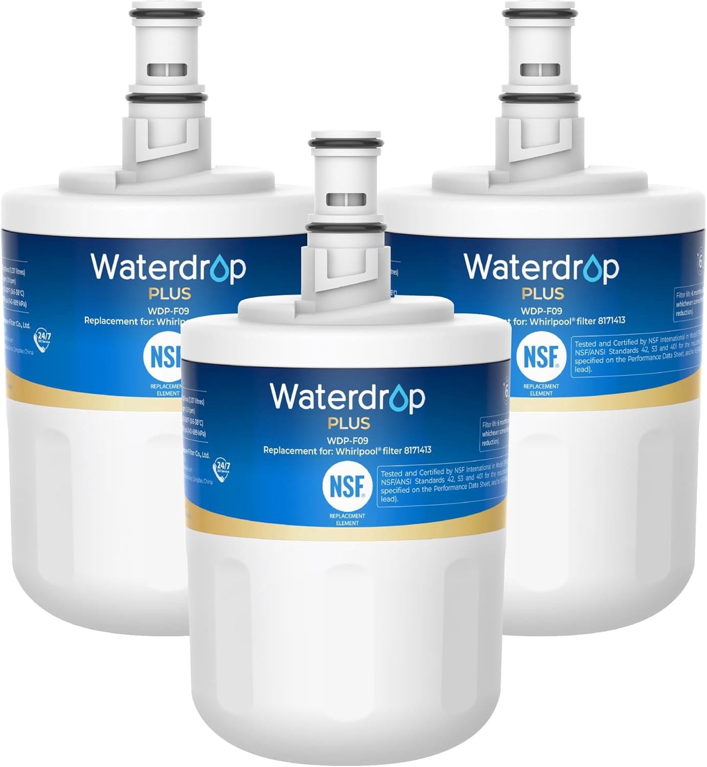 Waterdrop Plus 8171413 Refrigerator Water Filter, Replacement for Whirlpool® 8171413, EDR8D1, Kenmore® 46-9002, NLCS200, NSF 401&53 Certified, Reduce PFAS, 3 Pack (Packaging May Vary)