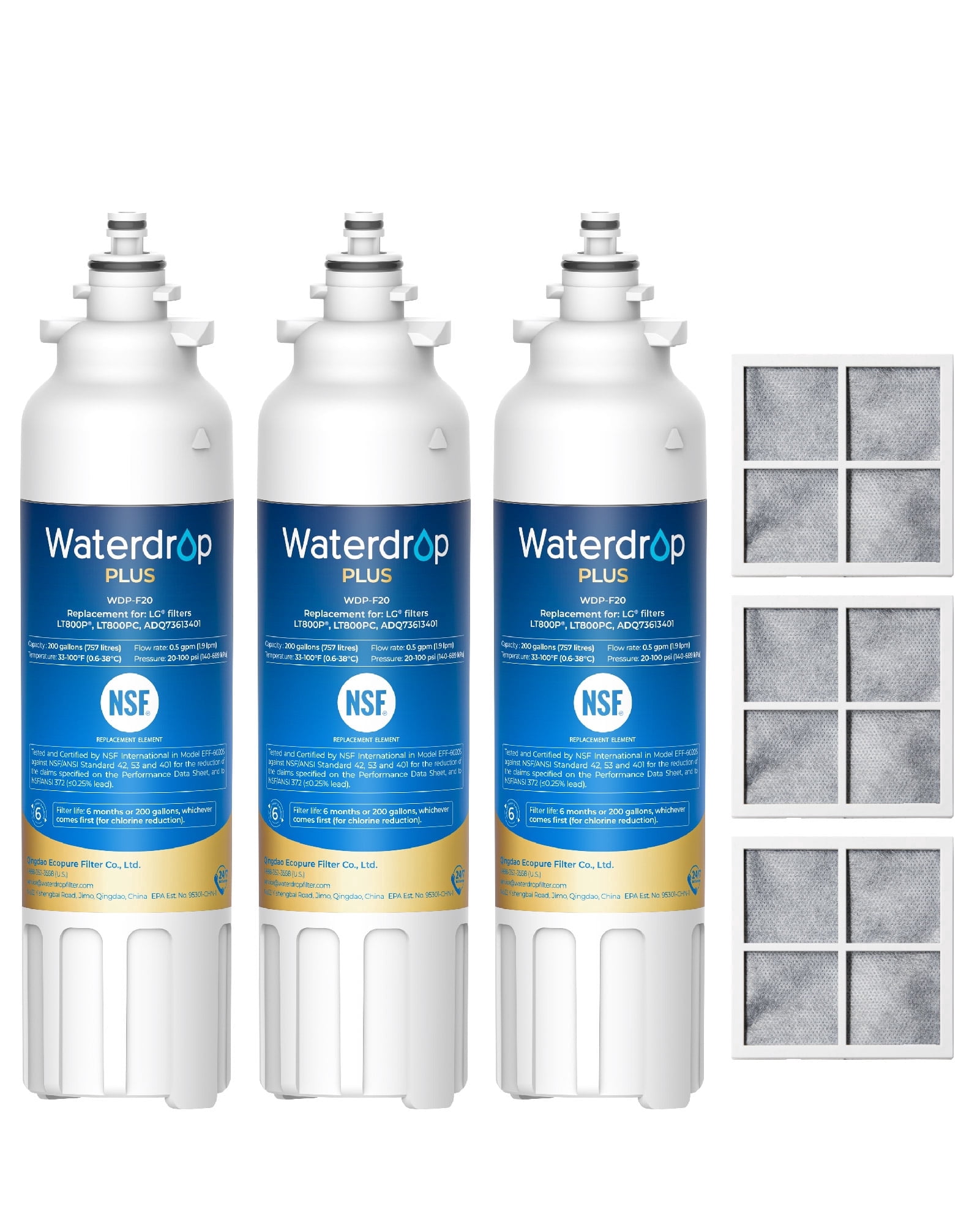 Waterdrop Plus ADQ73613401 NSF 401&53&42 Certified Refrigerator Water Filter and Air Filter,for LG® LT800P®, ADQ73613402, Kenmore 9490®, LT120F®, 3 Combo, Package May Vary