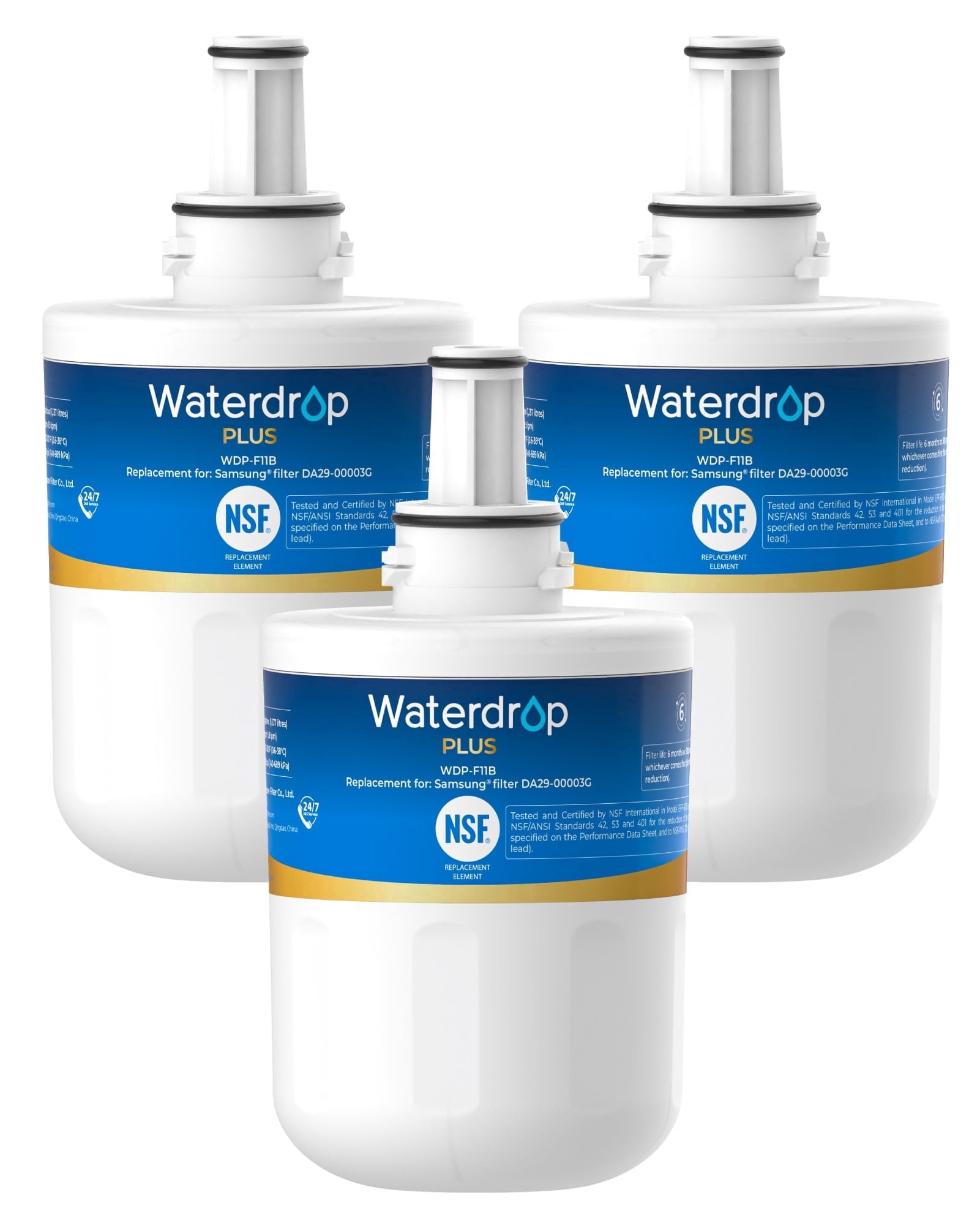Waterdrop Plus F11 Refrigerator Water Filter, Replacement for Samsung® DA29-00003G, DA29-00003B, DA29-00003A, Aqua-Pure Plus, HAFCU1, 3 Filters (Package May Vary)