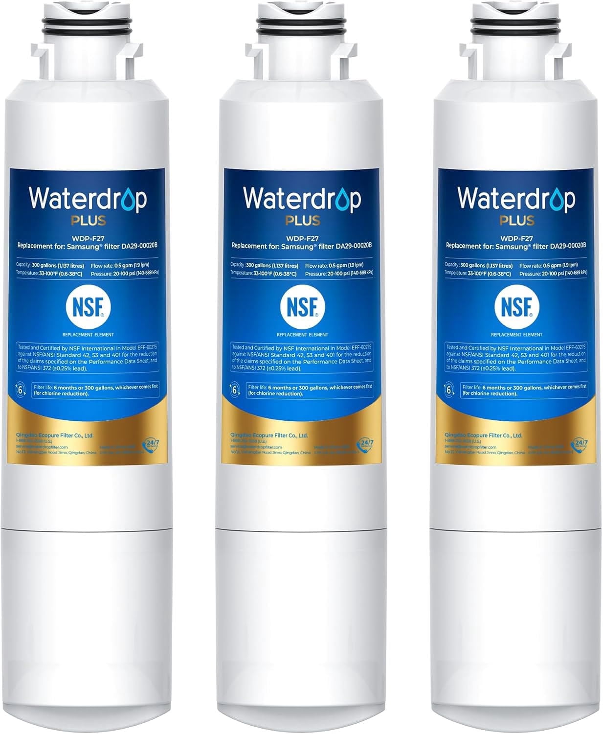 Waterdrop Plus F27 Refrigerator Water Filter, Replacement for Samsung® DA29-00020B,HAF-CIN/EXP, HAF-CIN, FMS-2, RF28HMEDBSR, RF263BEAESR, 3 Filters (Packaging May Vary)