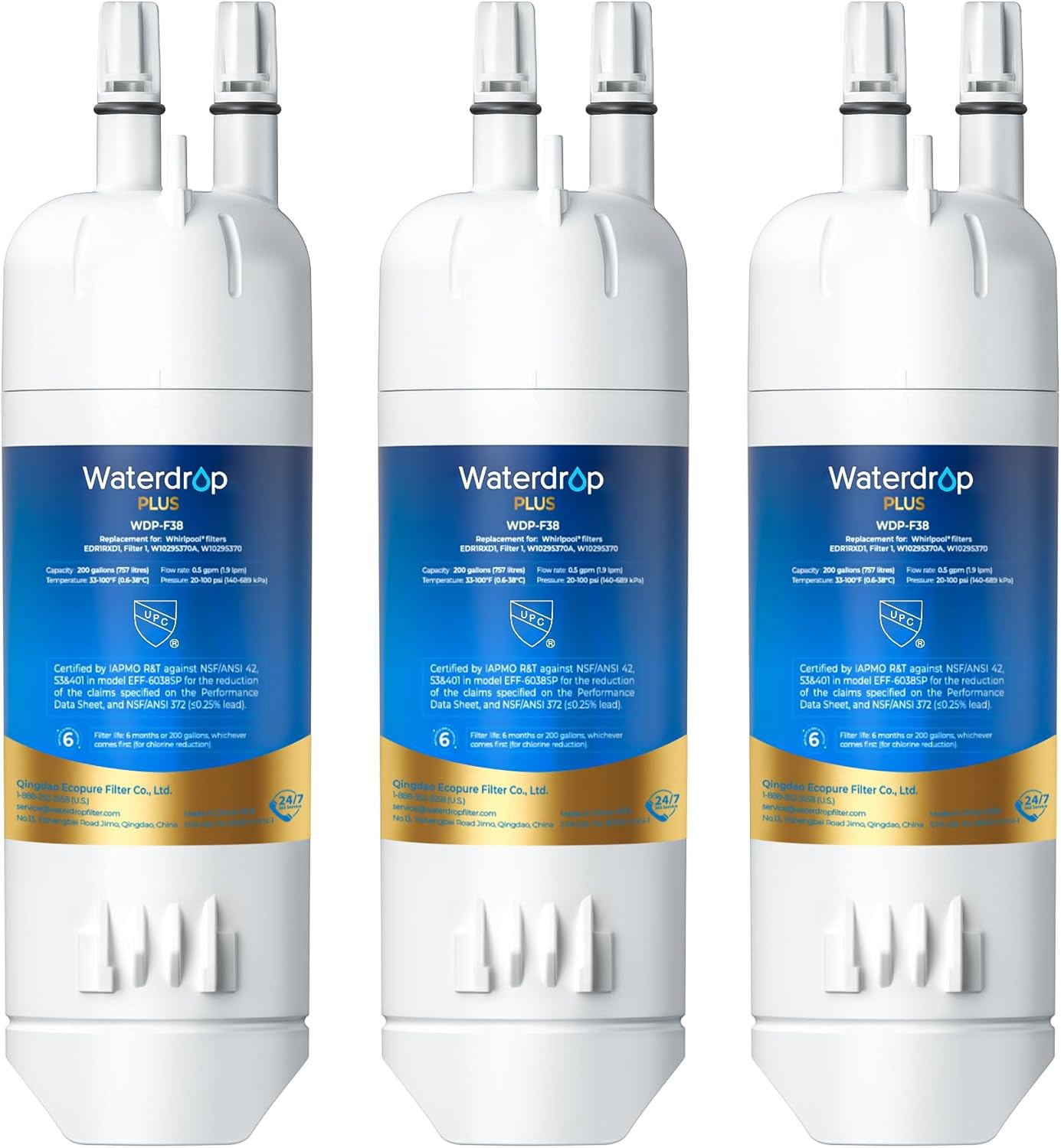 Waterdrop Plus EDR1RXD1 Replacement for Everydrop Filter 1, W10295370A, EDR1RXD1B, P8RFWB2L, P4RFWB, 46-9081, 46-9930, WDP-F38 Refrigerator Water Filter, 3 Pack