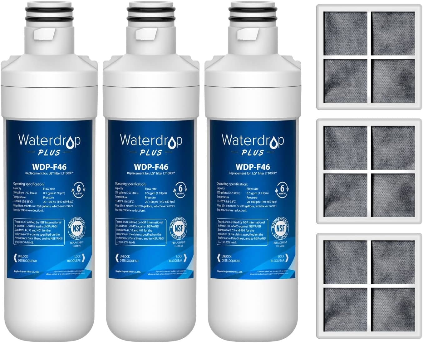 Waterdrop Plus LT1000PC ADQ747935 NSF 401 Refrigerator Water Filter and Air Filter, Reduce PFAS, Replacement for LG LT1000P, LRFWS2906V, 3 Combo (Package May Vary)