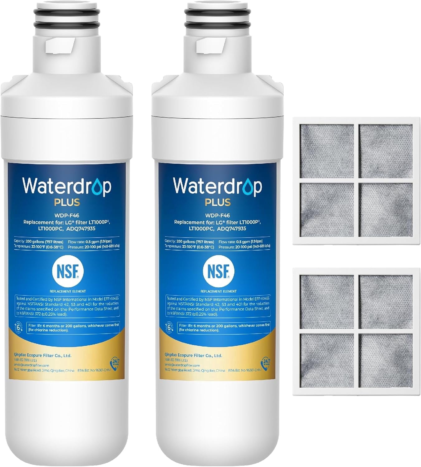 Waterdrop Plus LT1000PC ADQ747935 NSF 401 Refrigerator Water Filter and Air Filter, Reduce PFAS, Replacement for LG® LT1000P®, LRFWS2906V, LRMVS3006S, LMWS27626 and LT120F®, 2 Combo (Package May Vary