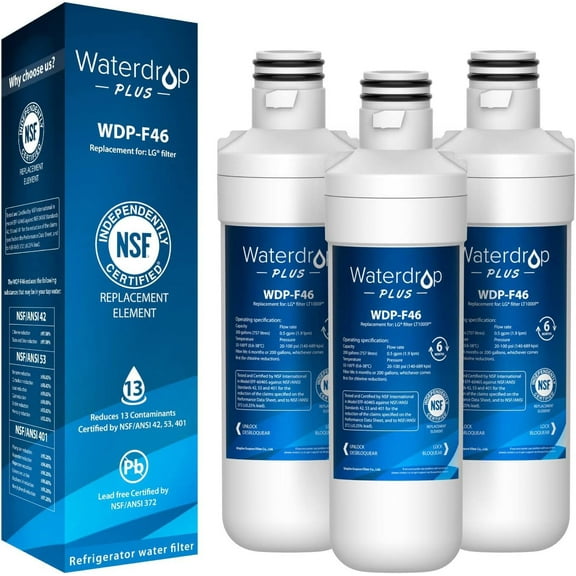 Waterdrop Plus LT1000PC ADQ747935 Refrigerator Water Filter, Reduce PFAS, Replacement for LG® LT1000P®, LT1000PC, ADQ74793501, Kenmore® 46-9980, LFXC24796S, LSFXC2496D, 3 Filters (Package May Vary)
