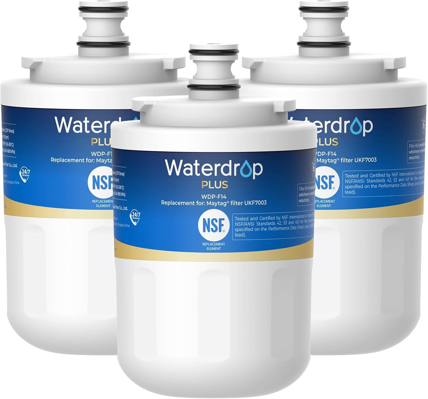 Waterdrop Plus UKF7003 Replacement for Maytag UKF7003, UKF7002AXX, Whirlpool EDR7D1, UKF7003AXX, UKF7002, 7003AXXP, UKF6001AXX, NSF 401&53 Refrigerator Water Filter, 3 Filters (Package May Vary)