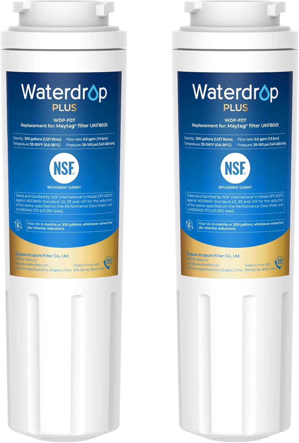 Waterdrop Plus UKF8001 NSF 401, 53&42 Certified Refrigerator Water Filter, Compatible with Whirlpool Everydrop Filter 4, EDR4RXD1, Maytag UKF8001AXX, 4396395, Puriclean II, FMM-2 , 2 Filters
