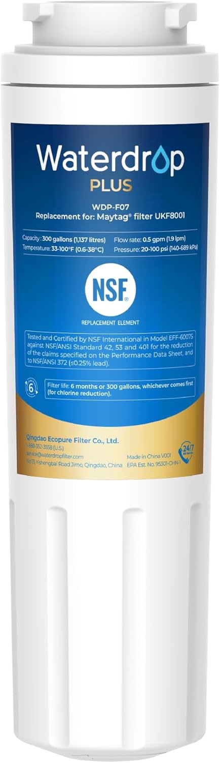 Waterdrop Plus UKF8001 NSF 401,53 Certified Refrigerator Water Filter, 𝐑𝐞𝐝𝐮𝐜𝐞 𝐏𝐅𝐀𝐒, Replacement for Whirlpool® Everydrop®, EDR4RXD1, (1)
