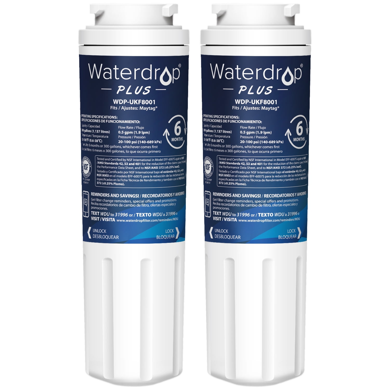 Waterdrop Plus UKF8001 NSF 401, 53&42 Certified Refrigerator Water Filter,  Compatible with Whirlpool Everydrop Filter 4, EDR4RXD1, Maytag UKF8001AXX,  4396395, Puriclean II, FMM-2 , 2 Filters 