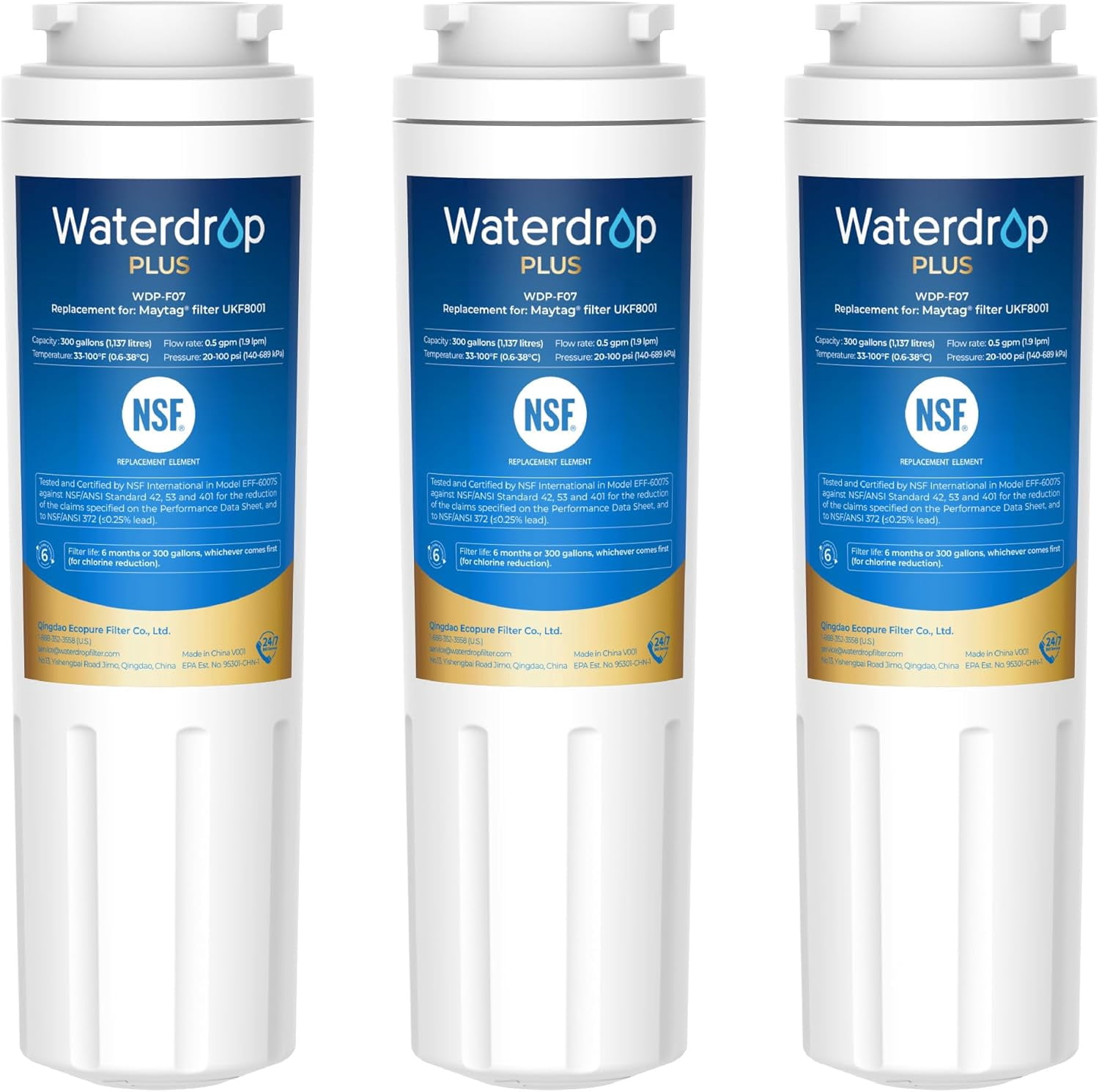 Waterdrop Plus UKF8001 NSF 401, 53&42 Certified Refrigerator Water Filter, Compatible with Whirlpool Everydrop Filter 4, EDR4RXD1, Maytag UKF8001AXX, 4396395, Puriclean II, FMM-2 , 3 Filters