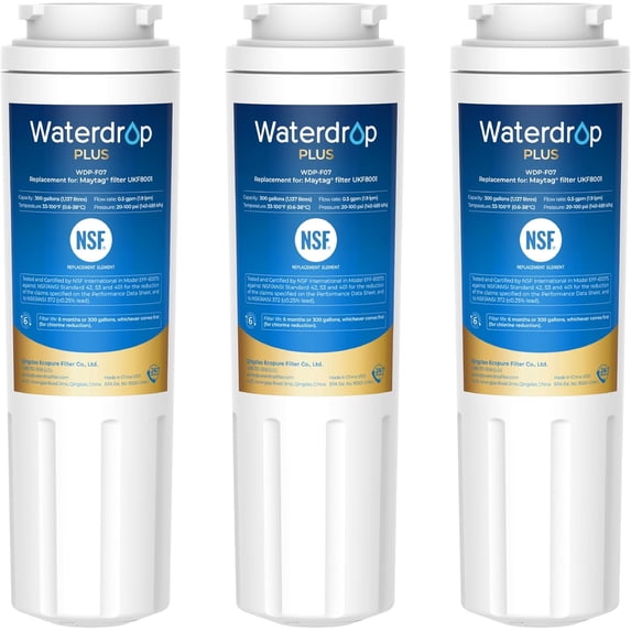 Waterdrop Plus UKF8001 NSF 401, 53&42 Certified Refrigerator Water Filter, Compatible with Whirlpool Everydrop Filter 4, EDR4RXD1, Maytag UKF8001AXX, 4396395, Puriclean II, FMM-2 , 3 Filters