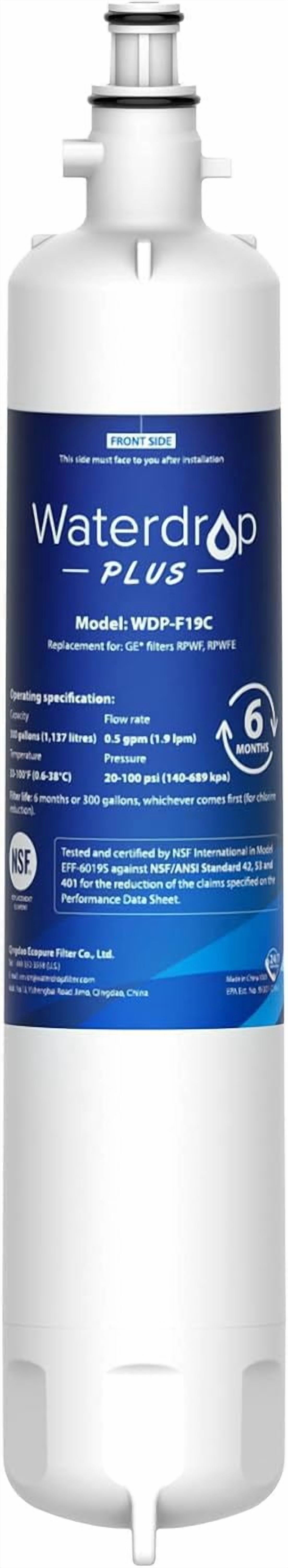 Waterdrop Plus WDP-F19C Replacement for GE RPWFE, RPWF (with CHIP) NSF 401 Refrigerator Water Filter, Compatible with GFE28GBLTS, GFE28GSKSS, PFE28KMKES, GFD28GYNFS, GFD28GBLTS, PWE23KYNFS