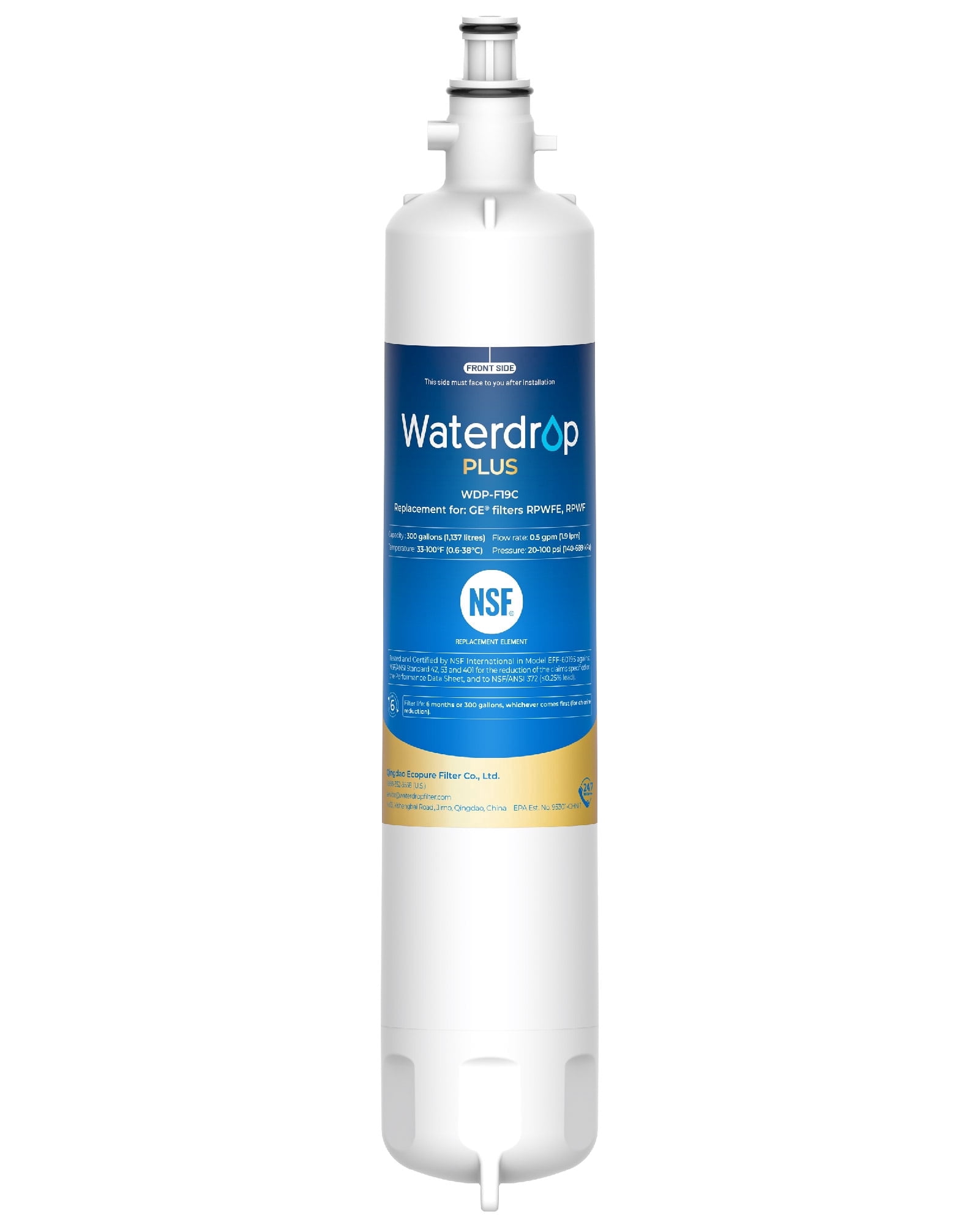 Waterdrop Plus WDP-F19C Replacement for GE® RPWFE®, RPWF (with CHIP) NSF 401 Refrigerator Water Filter, Compatible with WSG-4, GFE28GBLTS, GFE28GSKSS, PFE28KMKES, 1 Filters（Package May Vary）