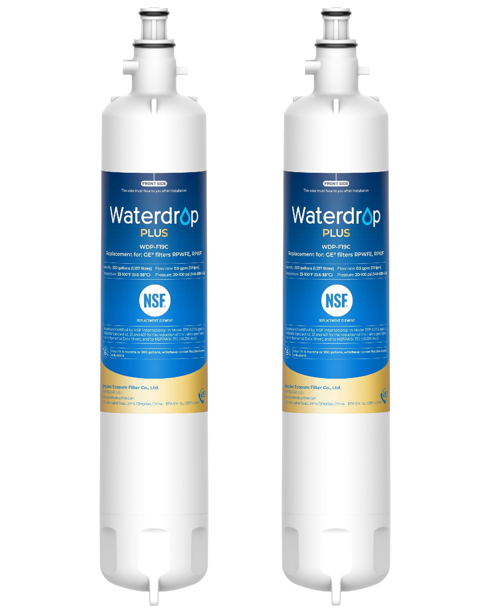 Waterdrop Plus WDP-F19C Replacement for GE® RPWFE®, RPWF (with CHIP) NSF 401 Refrigerator Water Filter, Compatible with WSG-4, GFE28GBLTS, GFE28GSKSS, PFE28KMKES, 2 Filters（Package May Vary）